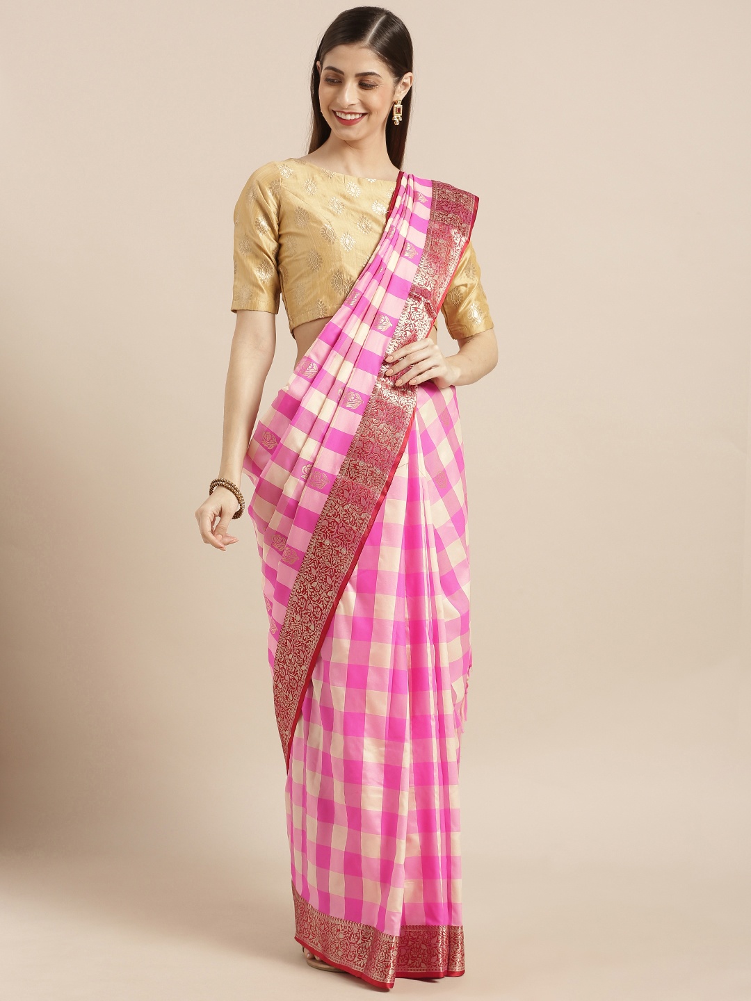 

Varkala Silk Sarees Pink & Off-White Silk Blend Woven Design Kanjeevaram Saree