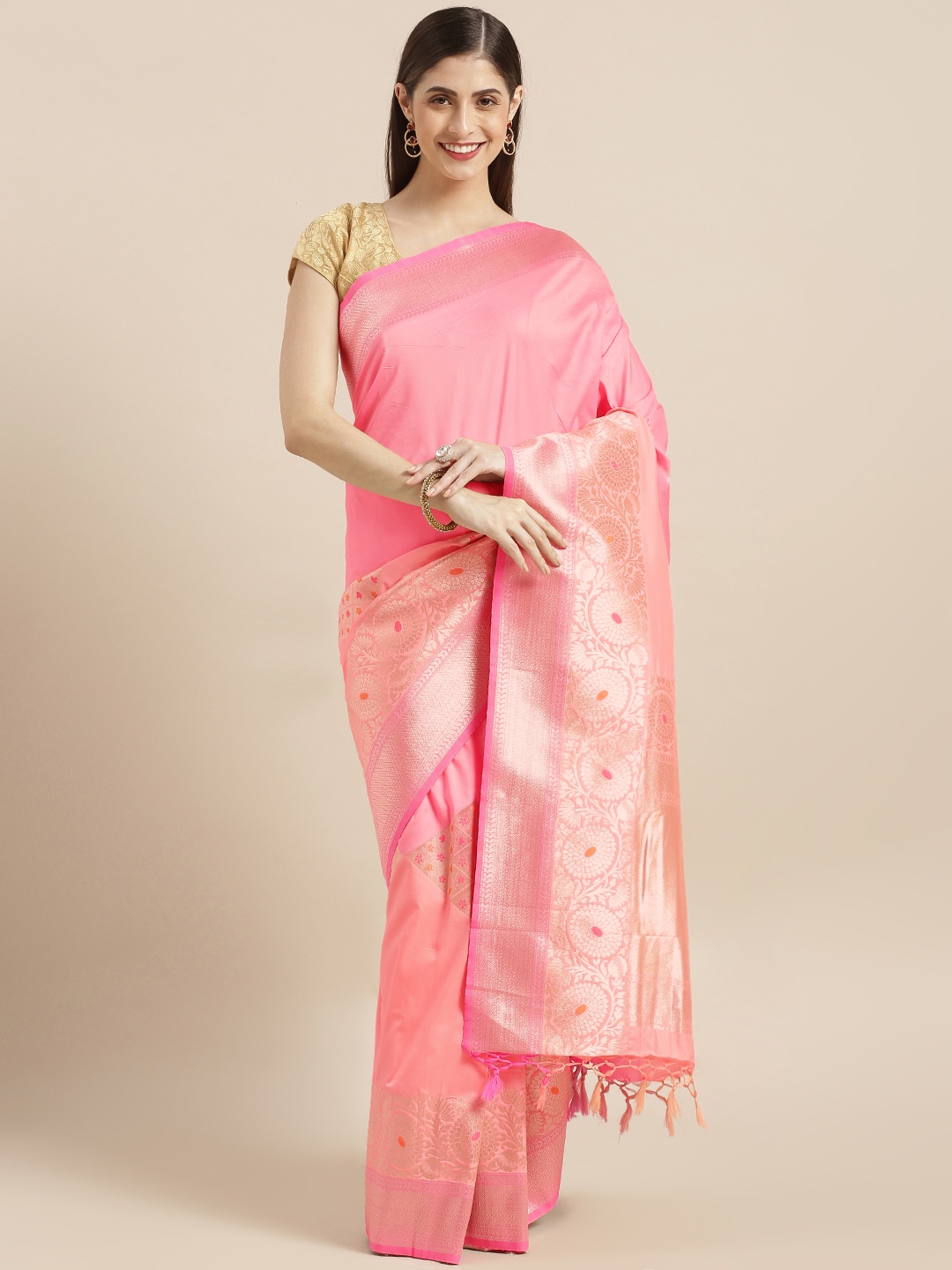 

Varkala Silk Sarees Peach-Coloured & Pink Silk Blend Woven Design Banarasi Saree