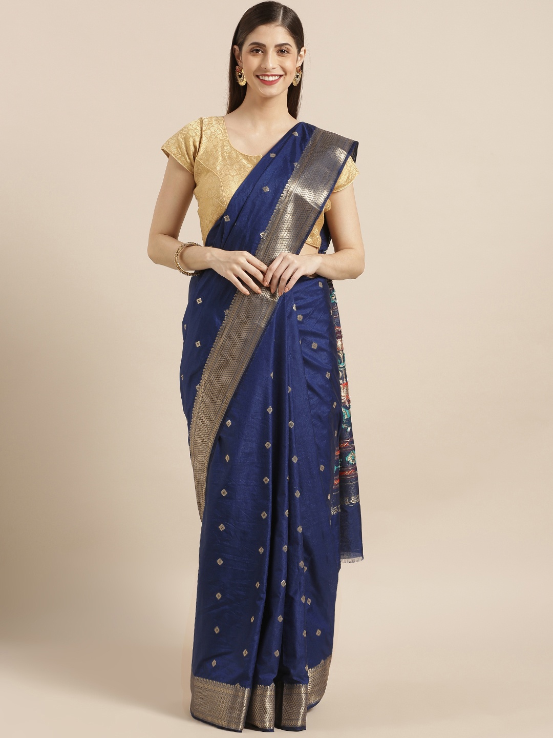 

Varkala Silk Sarees Navy Blue & Gold-Toned Silk Blend Woven Design Paithani Saree