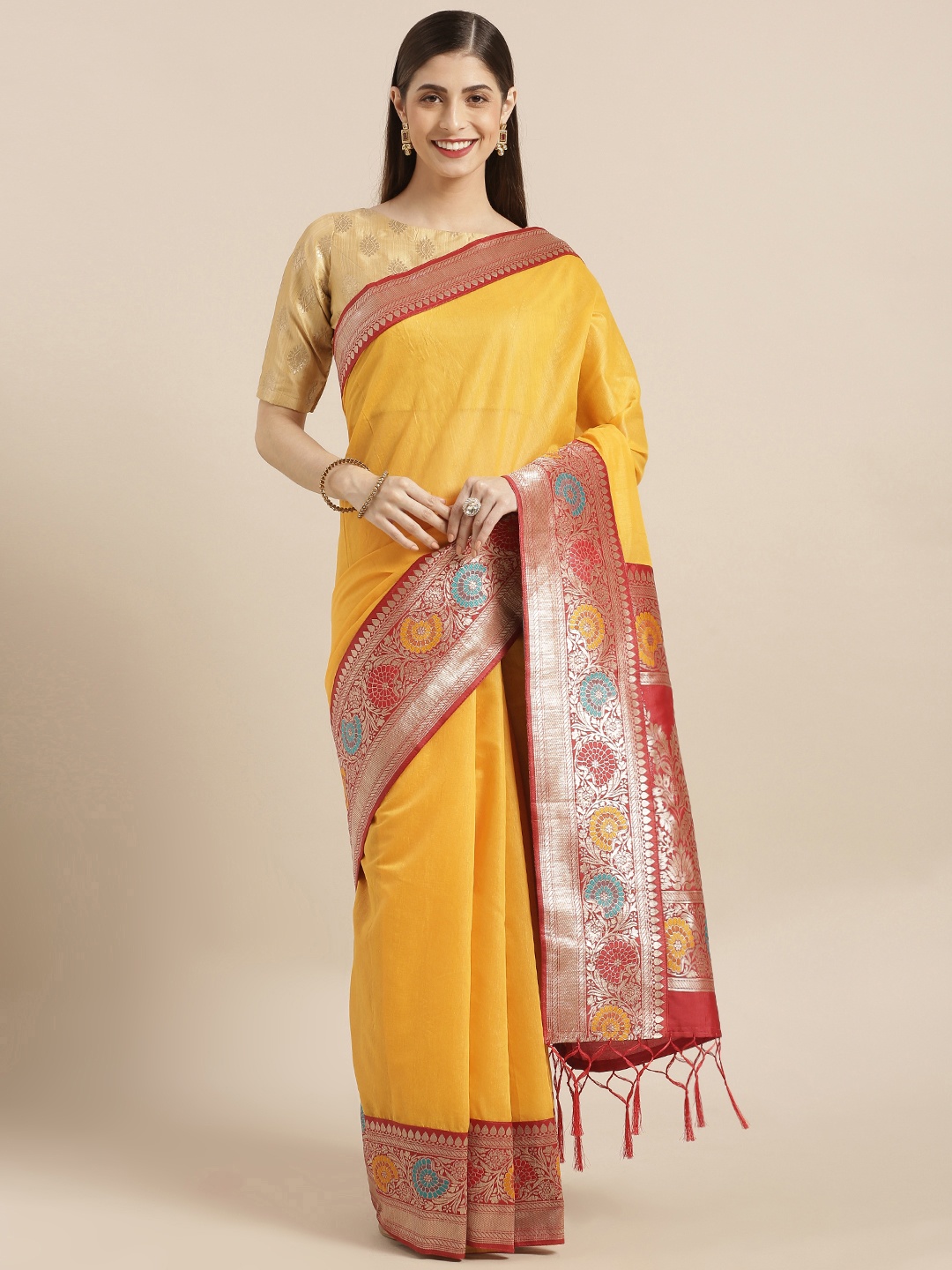 

Varkala Silk Sarees Yellow Cotton Blend Solid Banarasi Saree