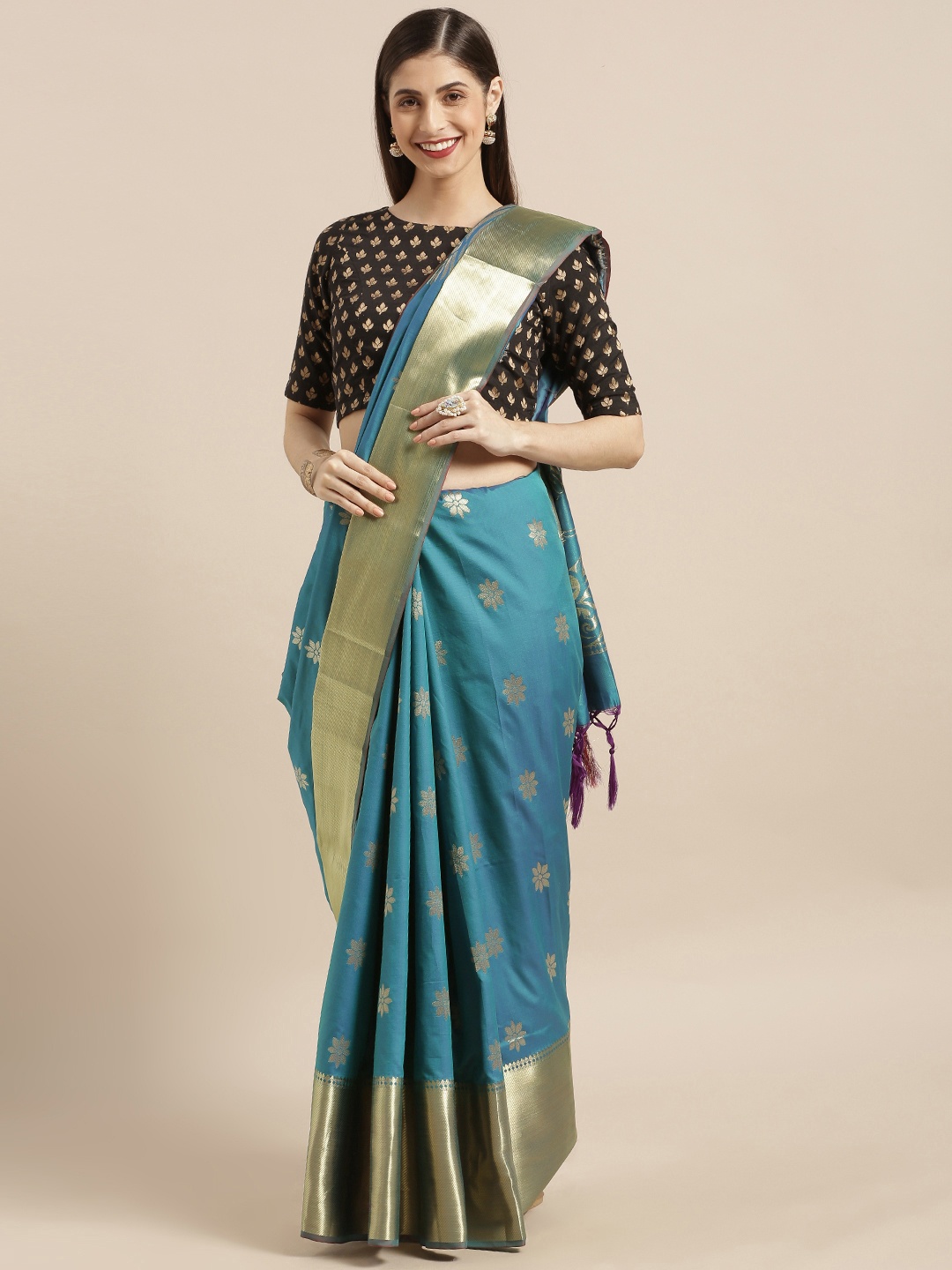 

Varkala Silk Sarees Teal Blue & Gold-Toned Silk Blend Woven Design Paithani Saree