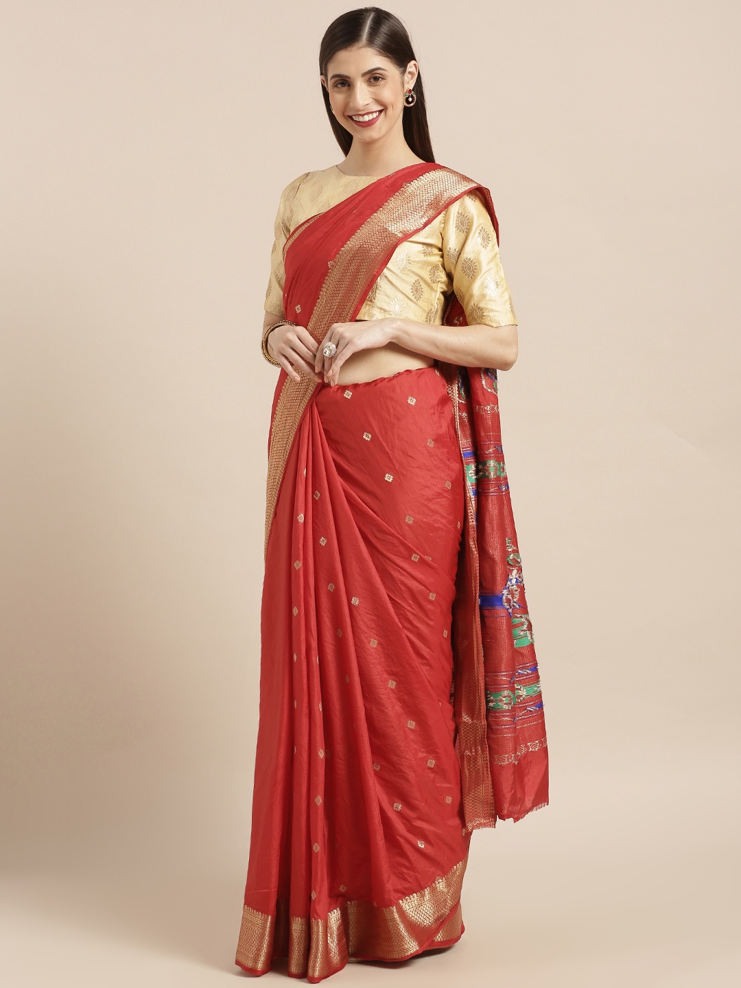 

Varkala Silk Sarees Red Silk Blend Woven Design Paithani Saree