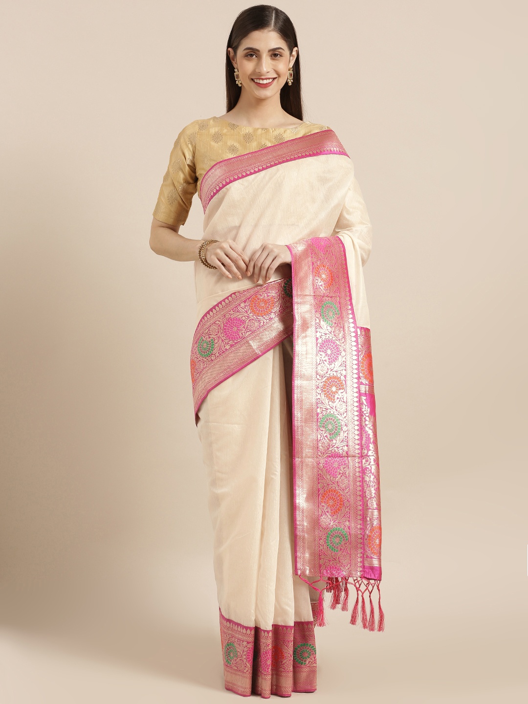 

Varkala Silk Sarees Cream-Coloured Cotton Blend Solid Banarasi Saree