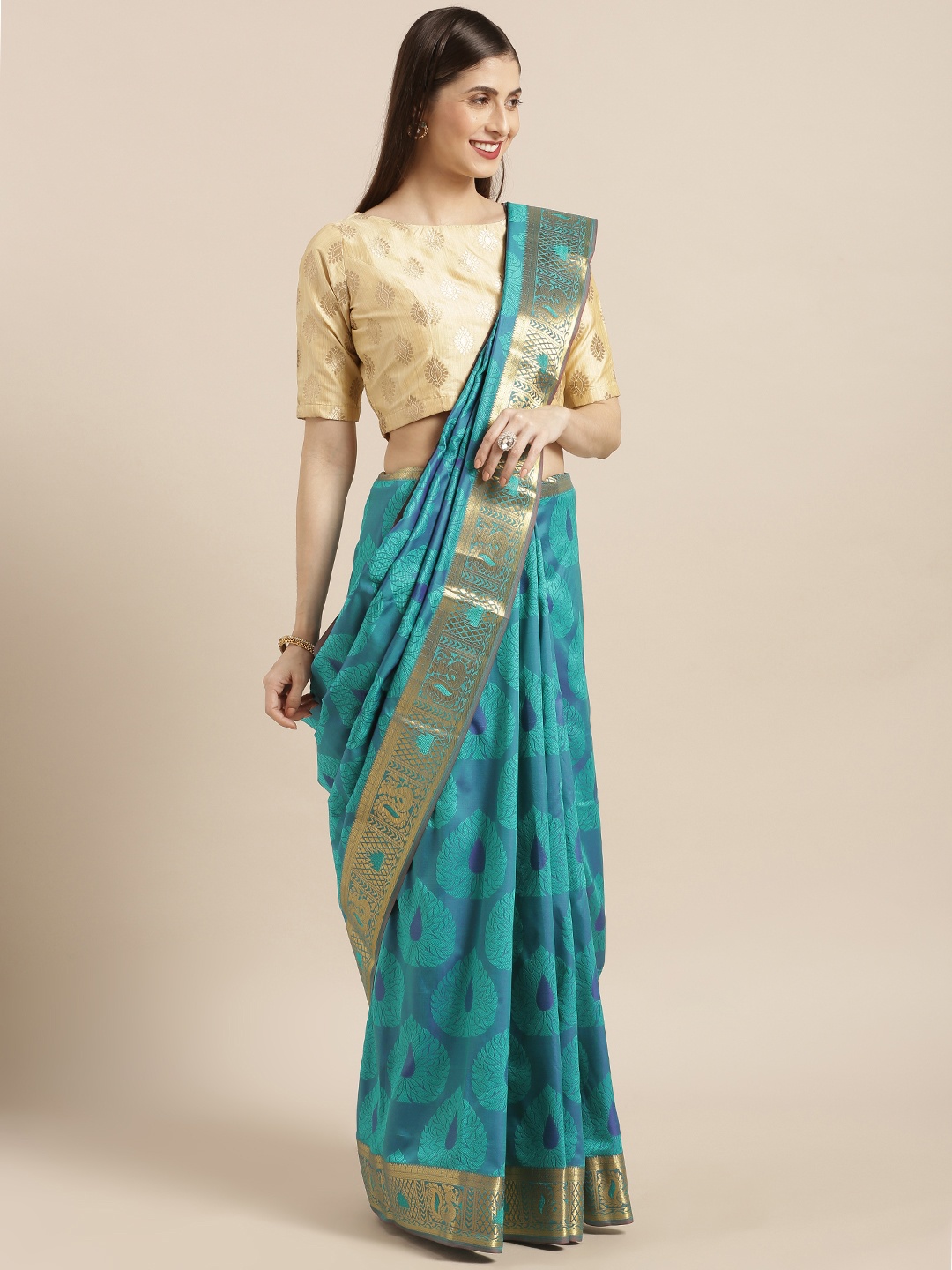 

Varkala Silk Sarees Teal Green & Blue Silk Blend Woven Design Paithani Saree