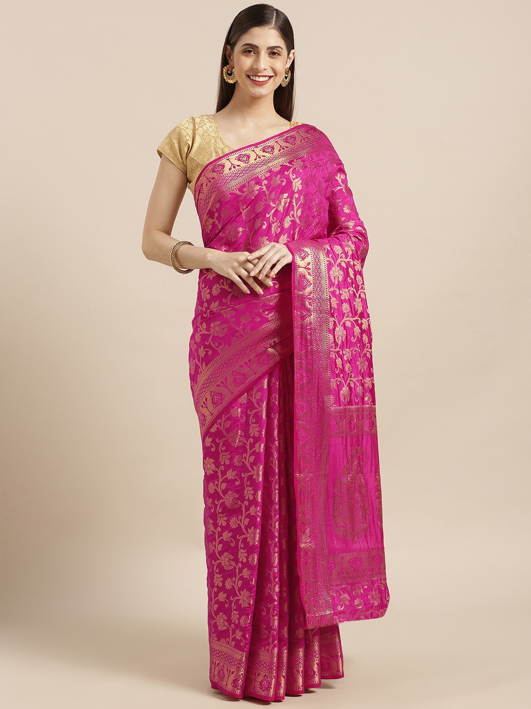 

Varkala Silk Sarees Magenta & Gold-Toned Silk Blend Woven Design Kanjeevaram Saree