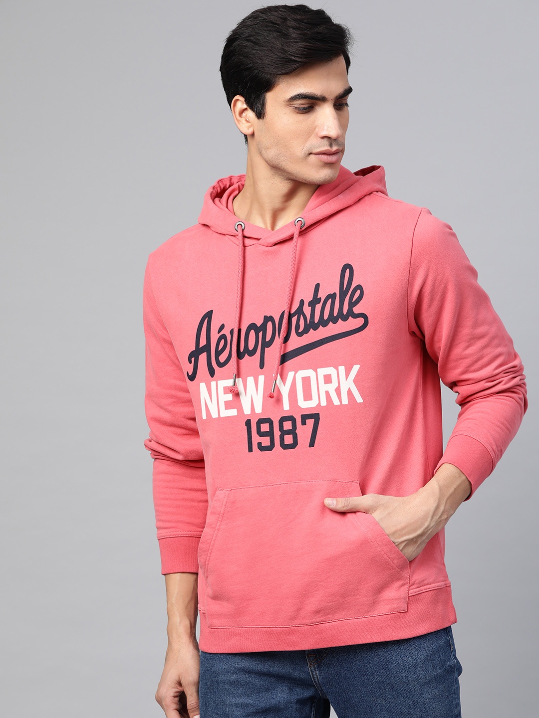 

Aeropostale Men Coral Pink Printed Hooded Sweatshirt