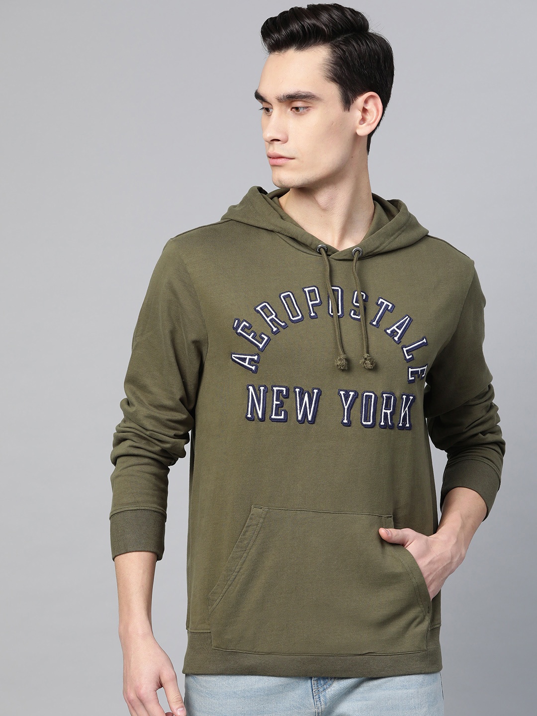 

Aeropostale Men Olive Green Self Design Hooded Sweatshirt