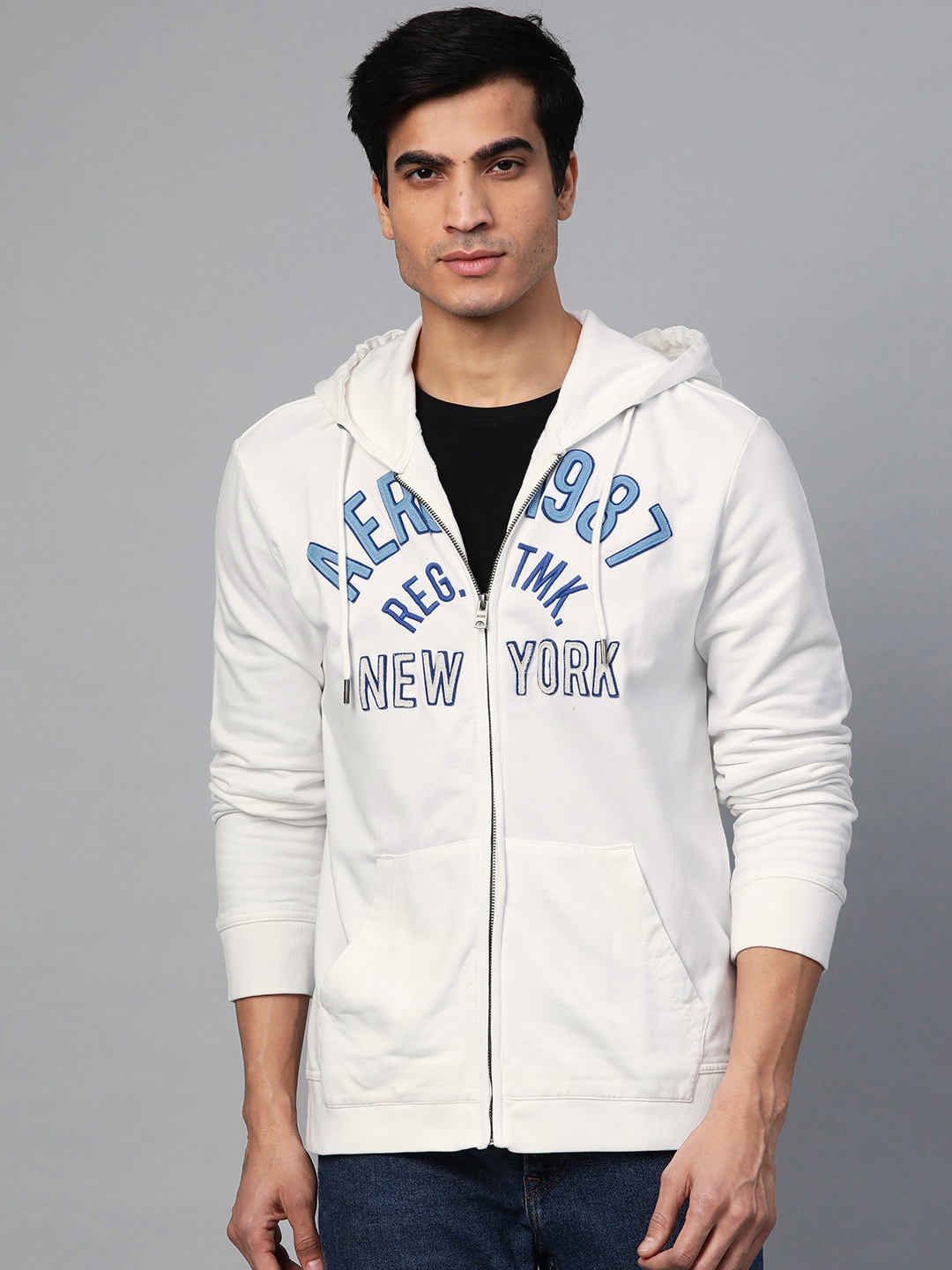 

Aeropostale Men Off-White & Blue Self Design Hooded Sweatshirt