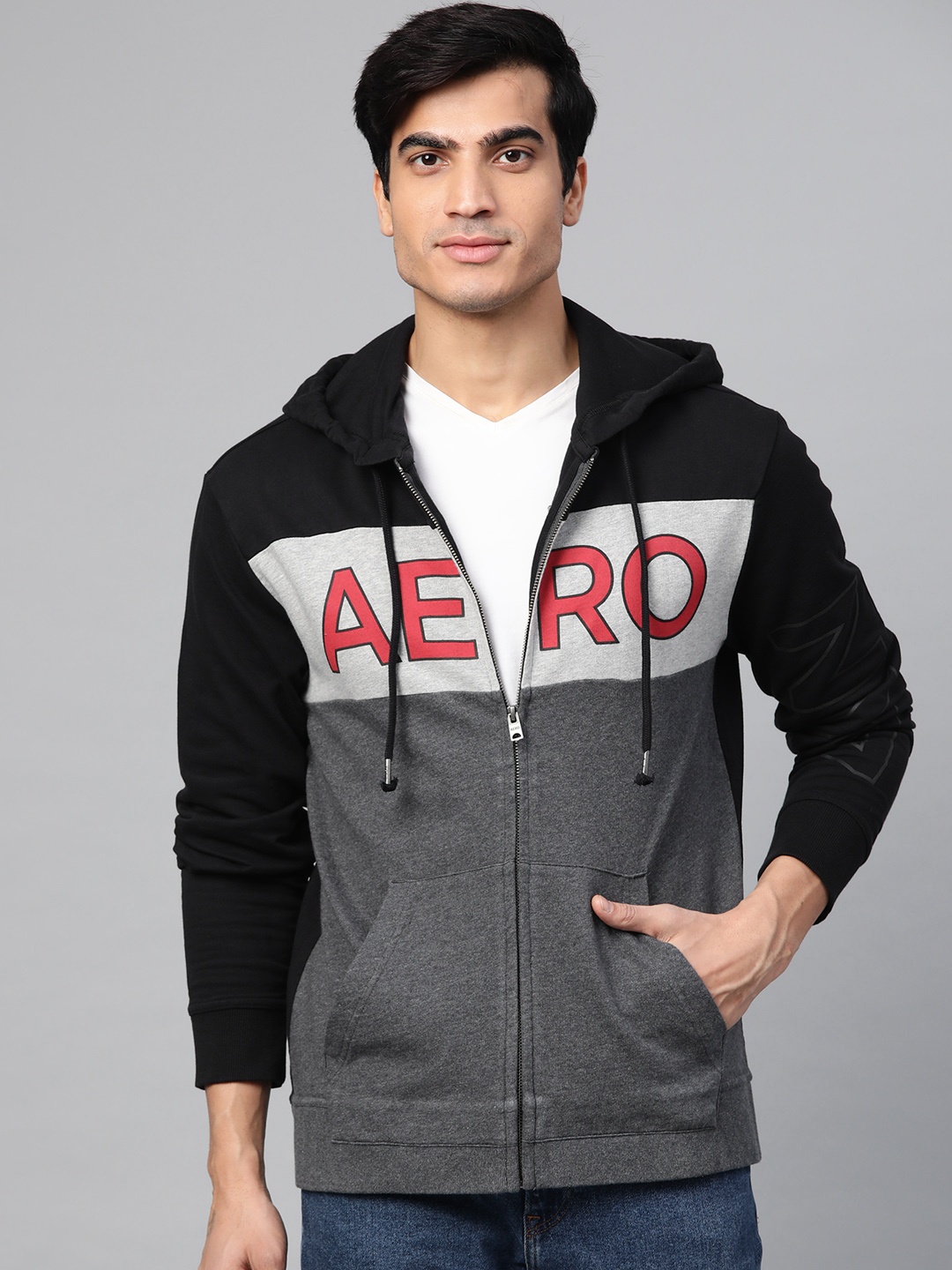 

Aeropostale Men Black & Charcoal Grey Colourblocked Hooded Sweatshirt