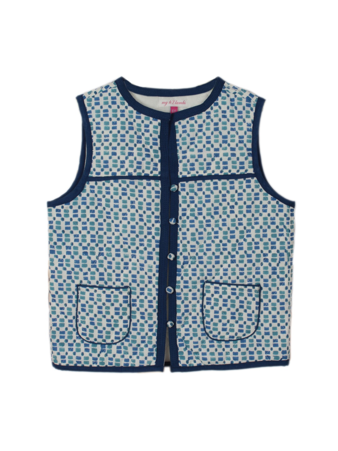 

My Little Lambs Unisex Blue Printed Quilted Sleeveless Jacket