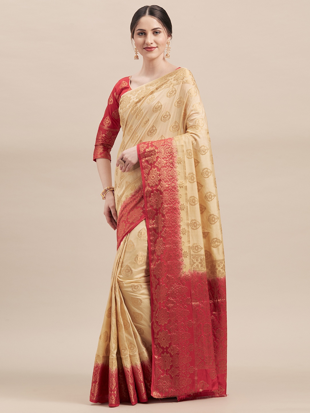

Shaily Beige & Pink Silk Blend Woven Design Saree