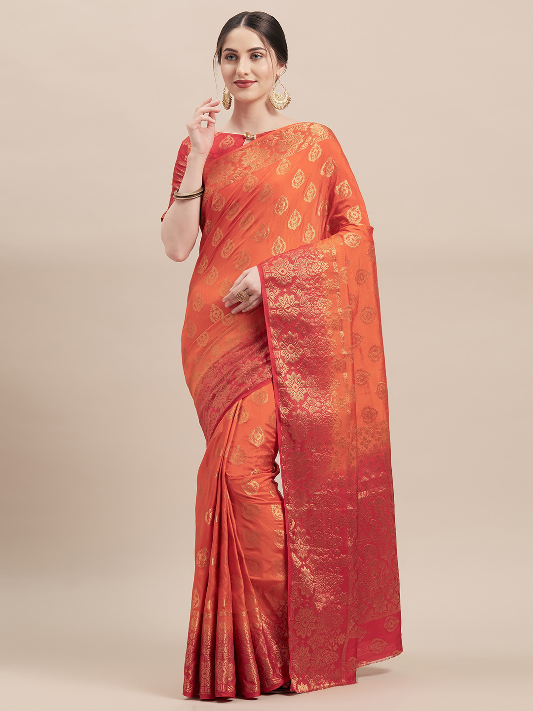 

Shaily Orange & Red Silk Blend Woven Design Saree