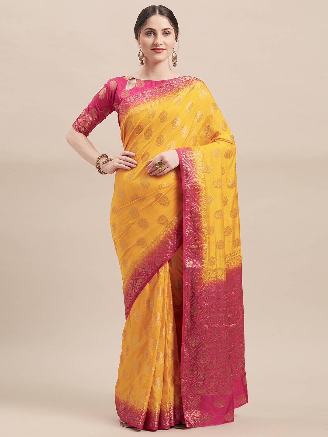 

Shaily Yellow & Pink Silk Blend Woven Design Saree