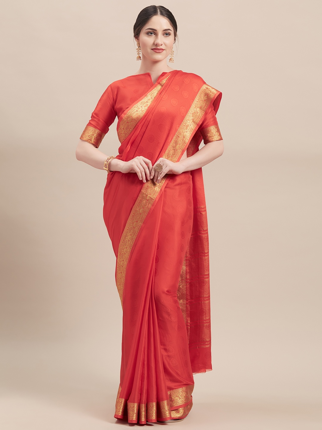 

Shaily Red & Gold-Toned Silk Blend Woven Design Saree