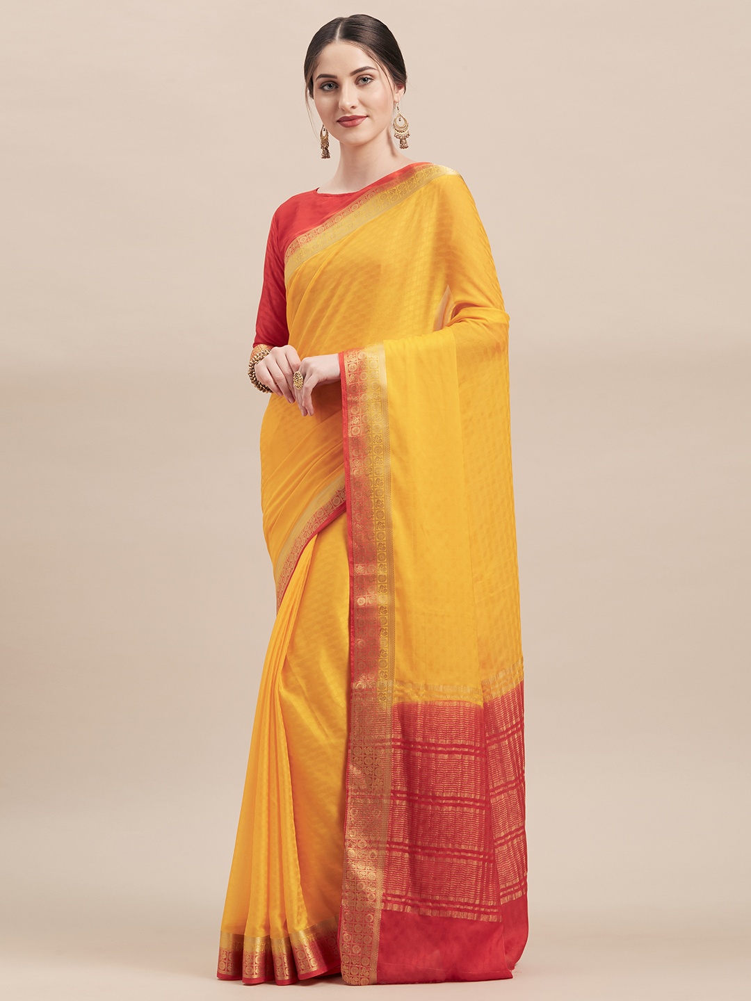 

Shaily Yellow & Red Silk Blend Woven Design Saree