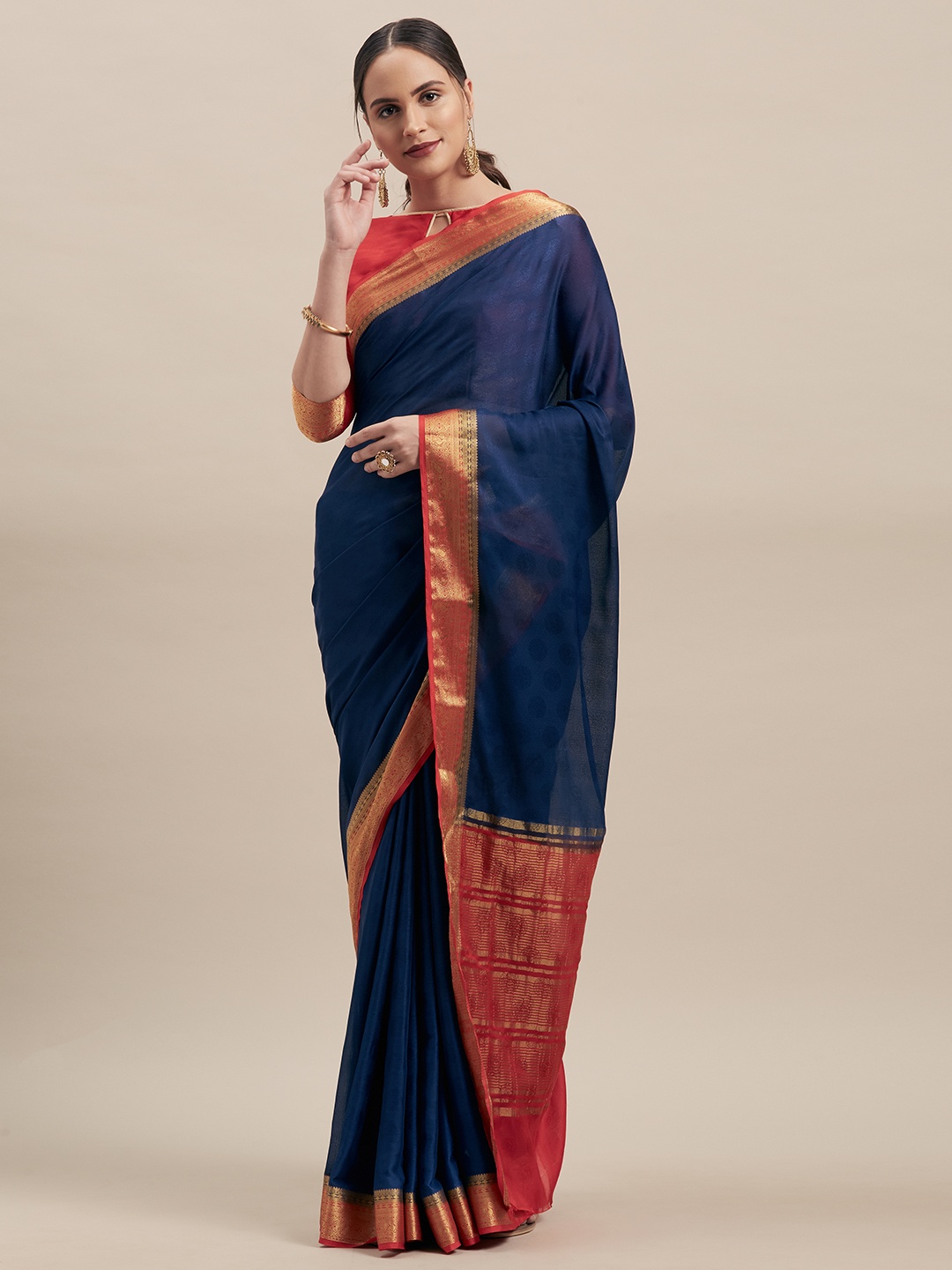 

Shaily Navy Blue & Red Silk Blend Woven Design Saree