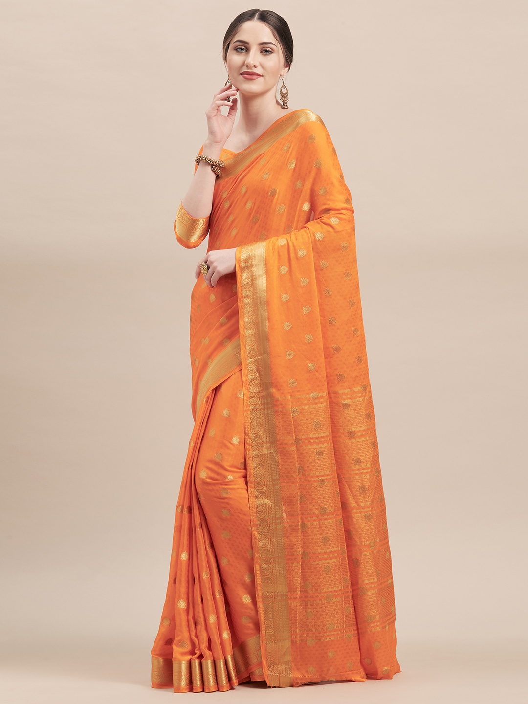 

Shaily Orange & Golden Silk Blend Woven Design Saree