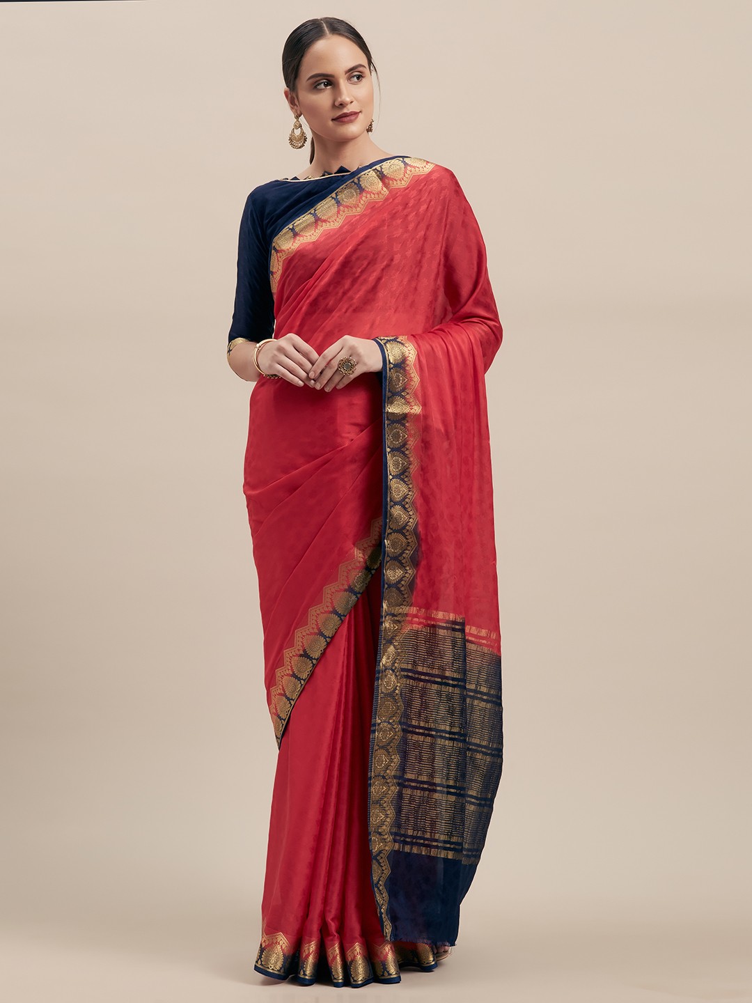 

Shaily Red & Navy Blue Silk Blend Woven Design Saree