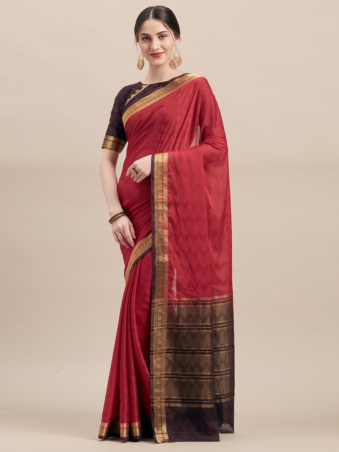 

Shaily Rust Red & Black Silk Blend Woven Design Saree
