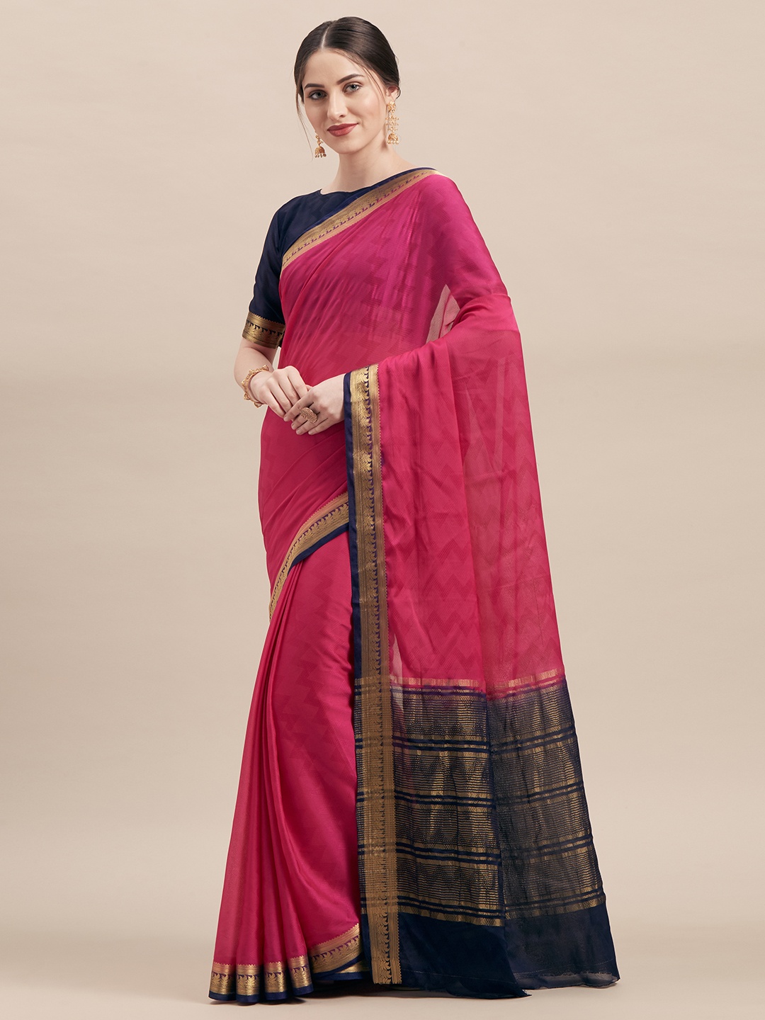 

Shaily Pink & Navy Blue Silk Blend Woven Design Saree