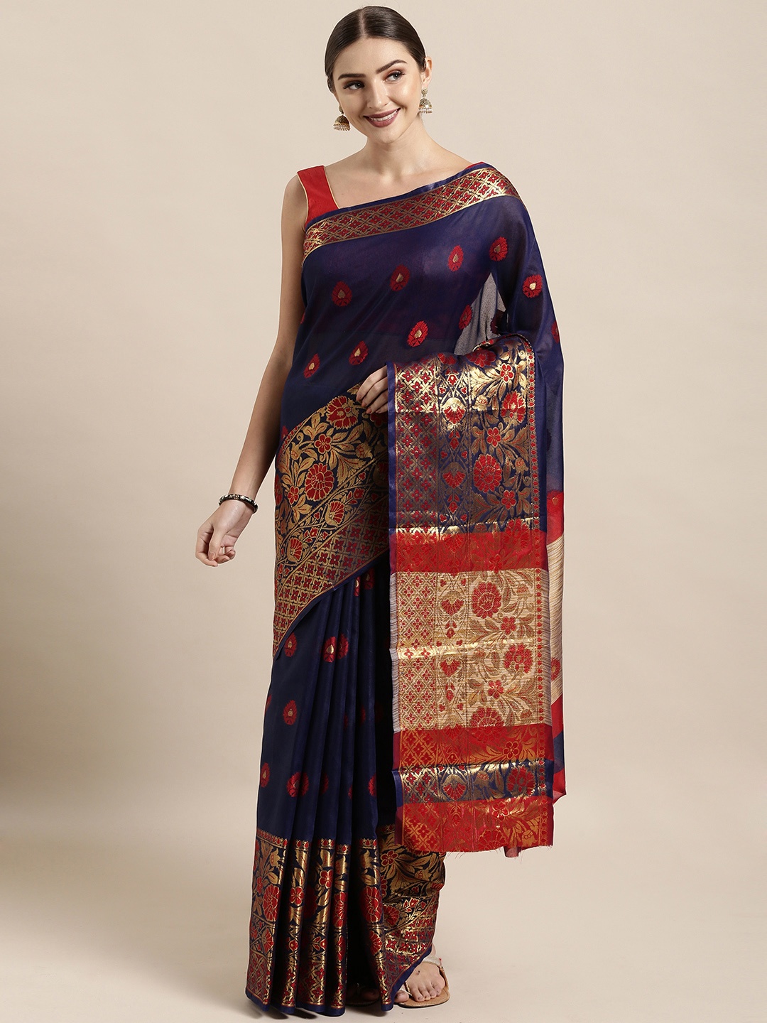 

Satrani Navy Blue & Maroon Silk Blend Woven Design Kanjeevaram Saree