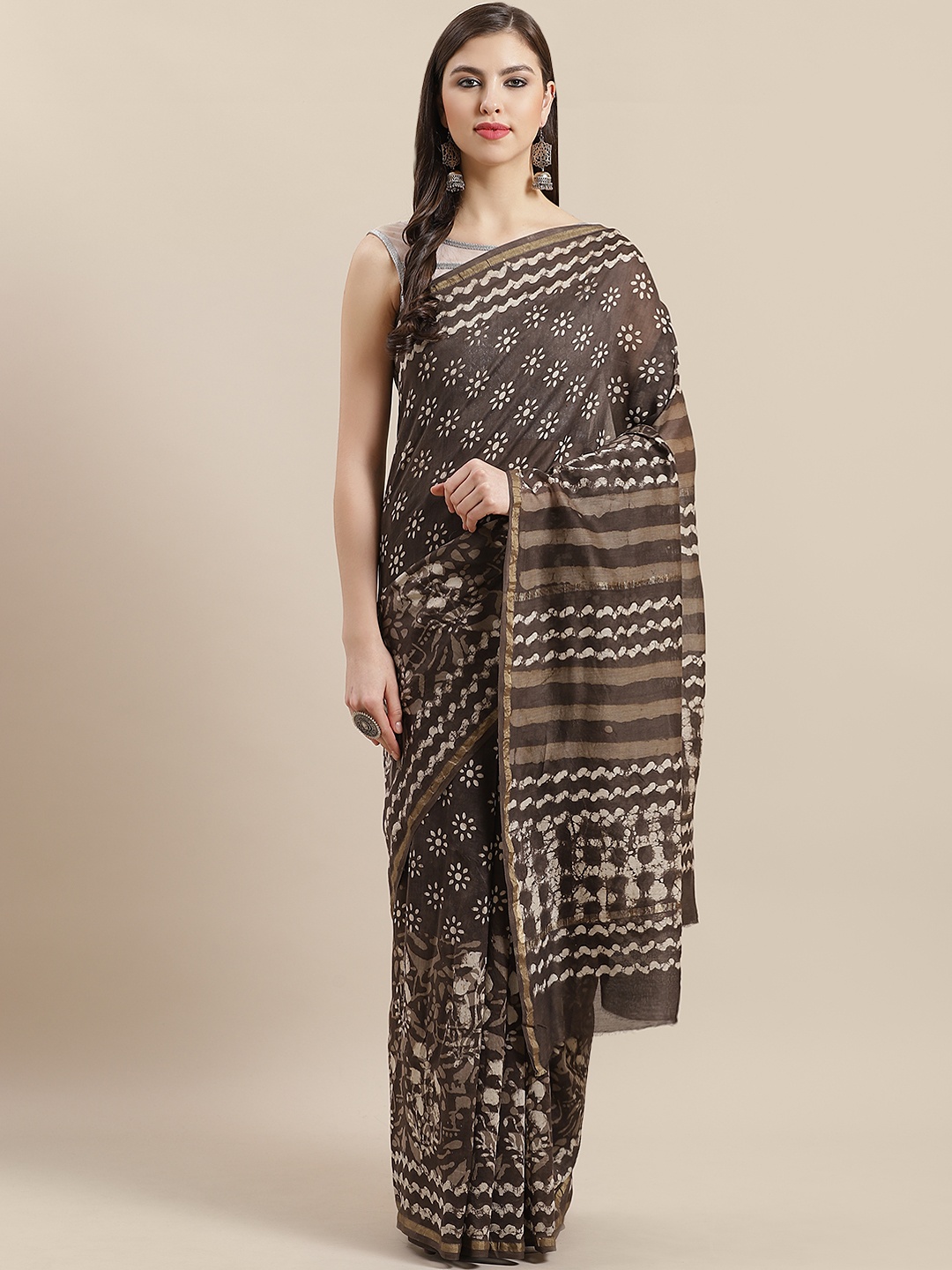

Nakshi Taupe Printed Chanderi Saree