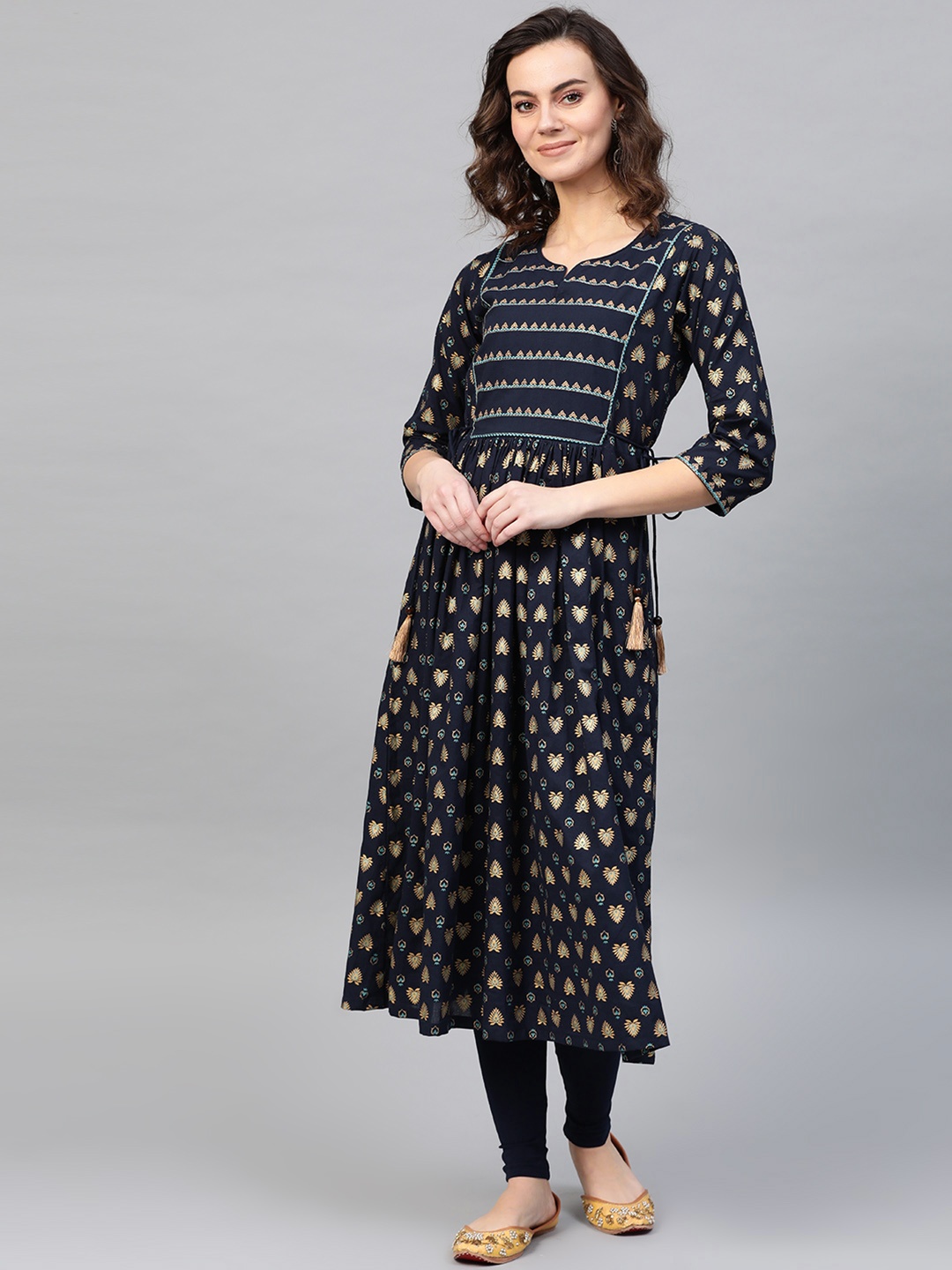 

Indo Era Women Navy Blue & Golden Printed A-Line Kurta