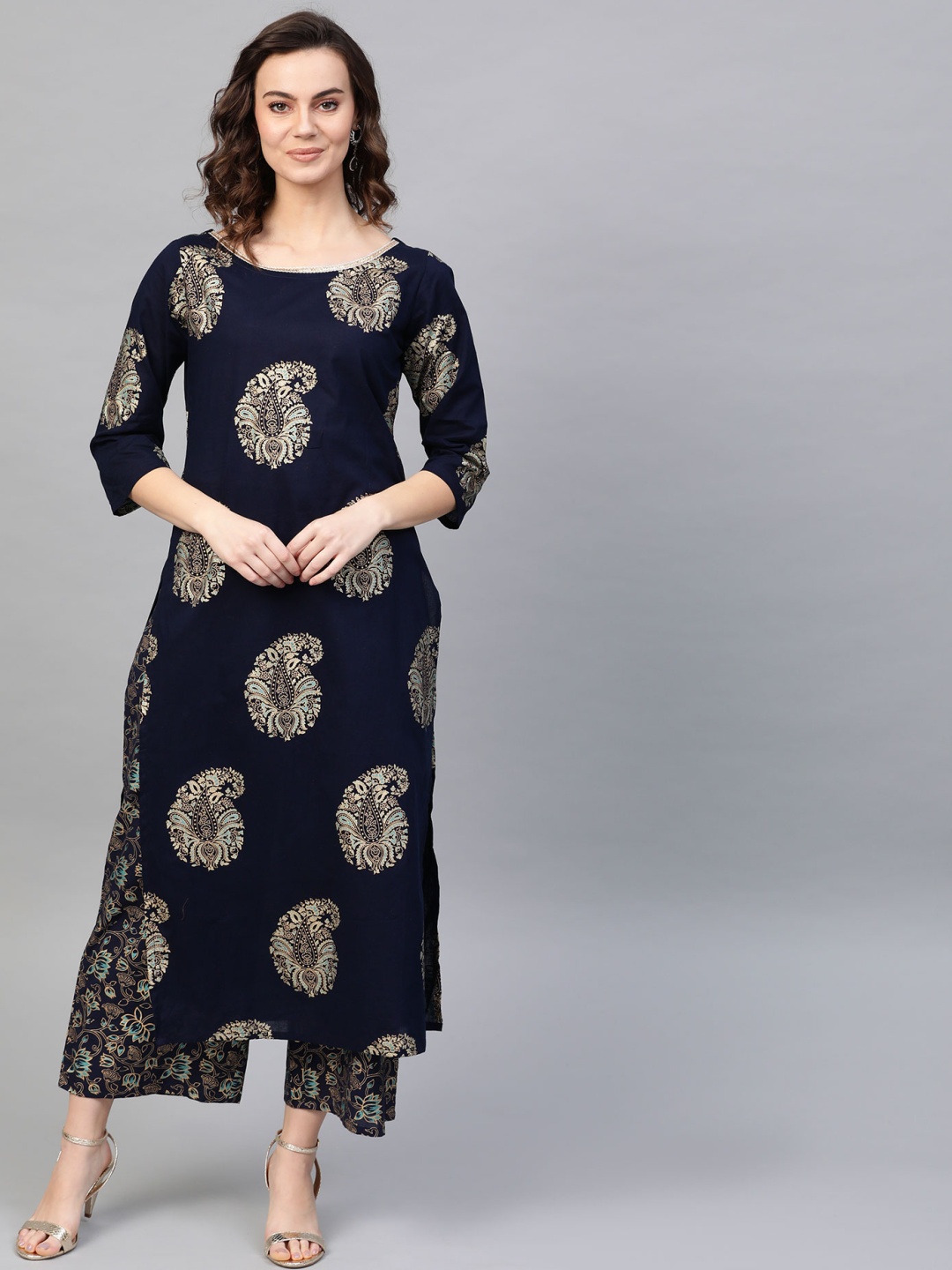 

Indo Era Women Navy Blue & Golden Foil Printed Kurta with Palazzos