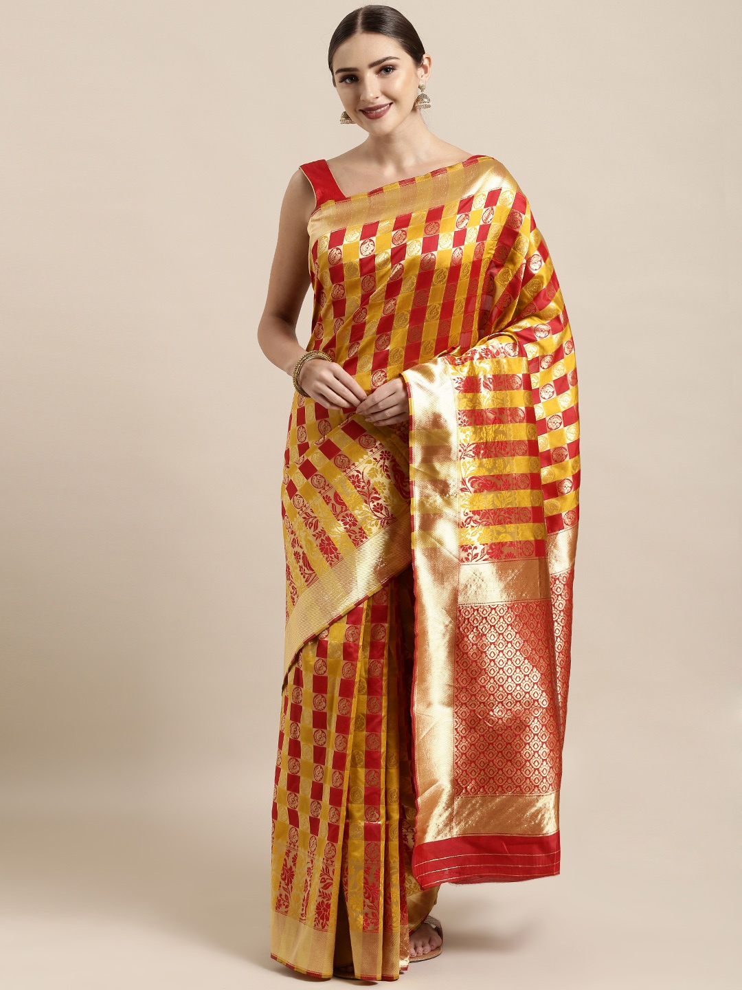 

Satrani Yellow & Red Poly Silk Checked Kanjeevaram Saree