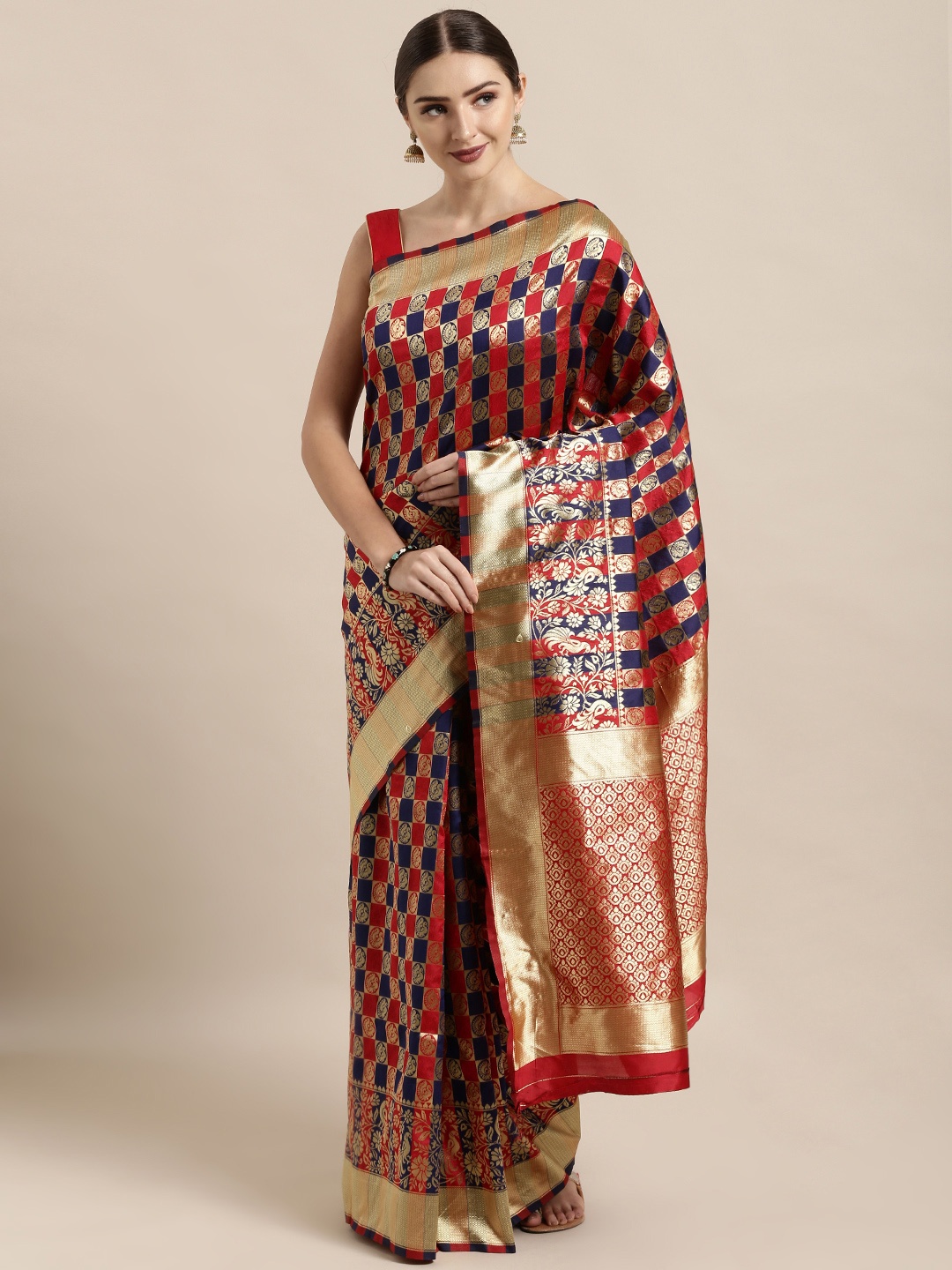 

Satrani Maroon & Navy Blue Poly Silk Checked Kanjeevaram Saree
