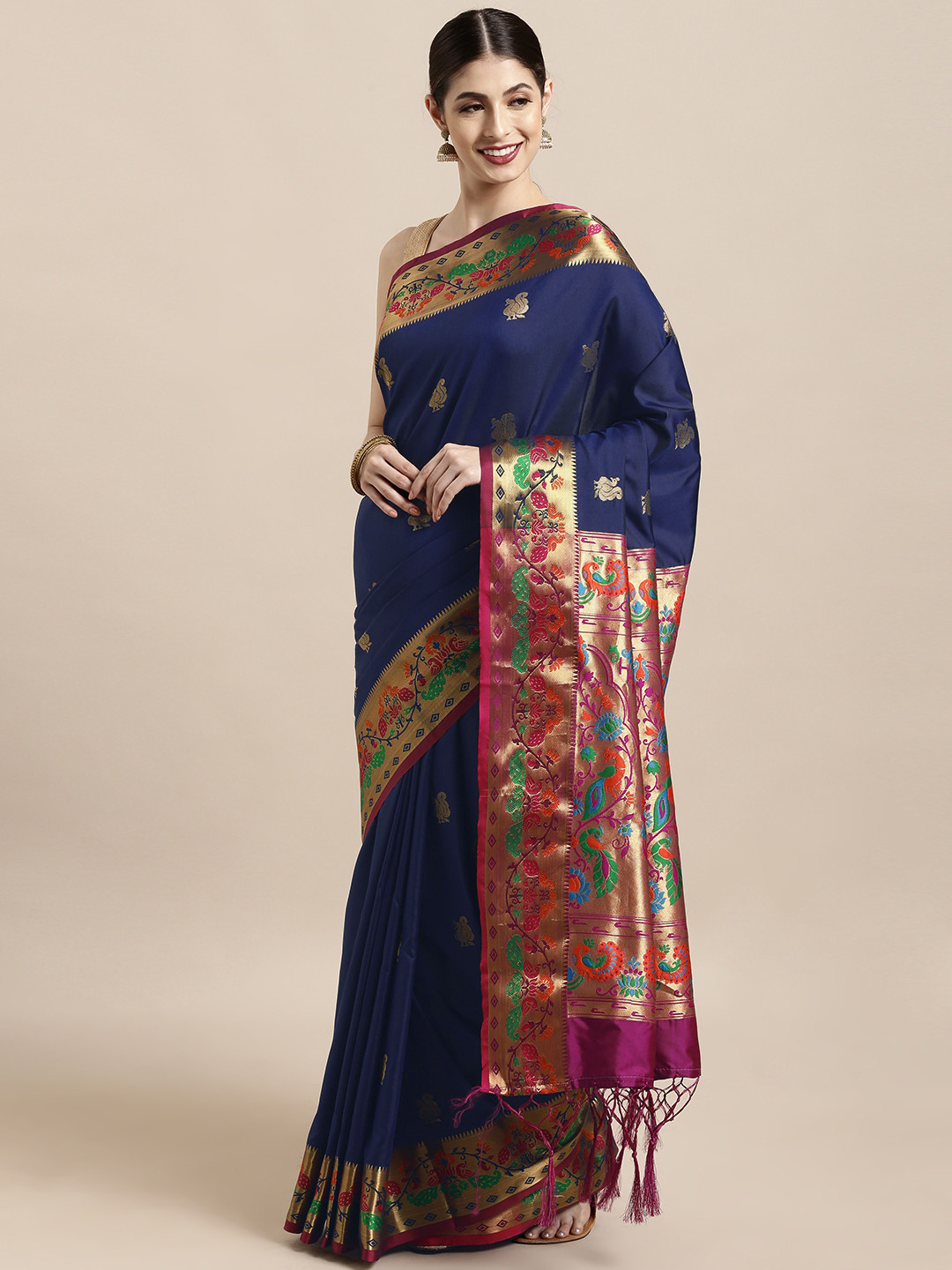 

Satrani Navy Blue & Gold-Toned Poly Silk Woven Design Paithani Saree