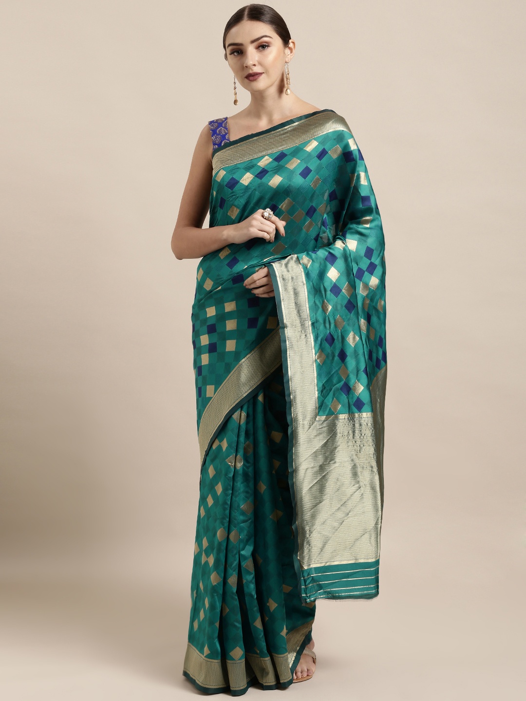 

Satrani Teal Green & Golden Poly Silk Woven Design Kanjeevaram Saree