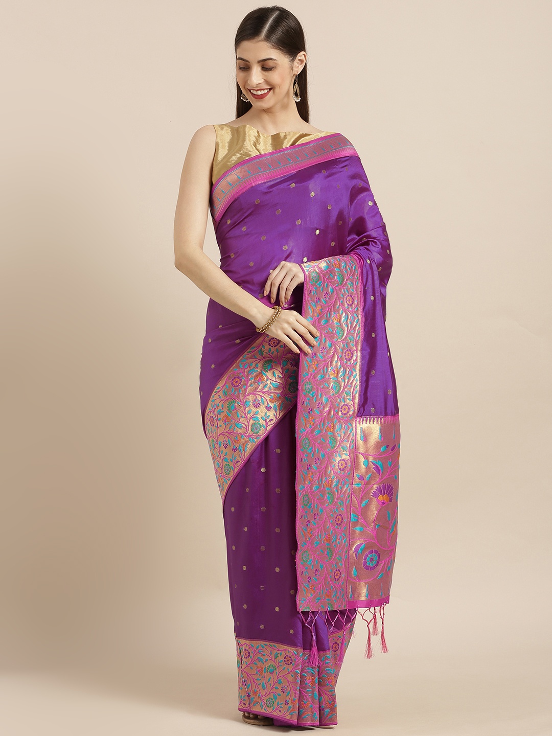 

Varkala Silk Sarees Purple Silk Blend Woven Design Paithani Saree