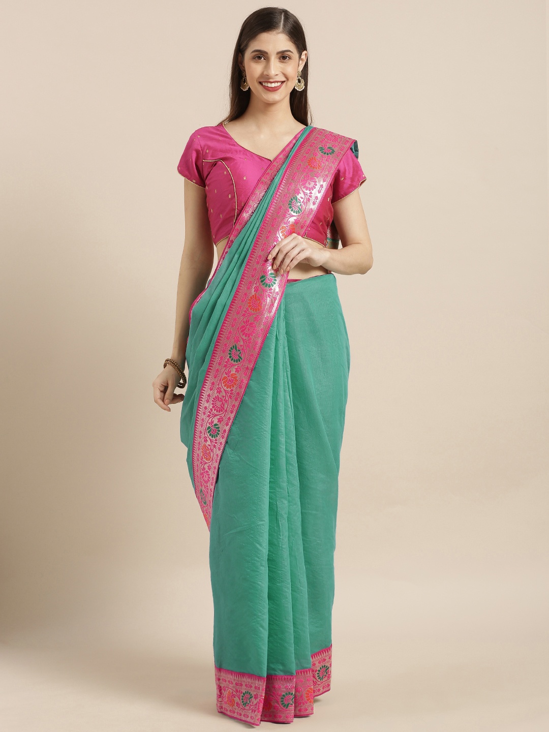 

Varkala Silk Sarees Sea Green & Pink Cotton Blend Solid Banarasi Saree