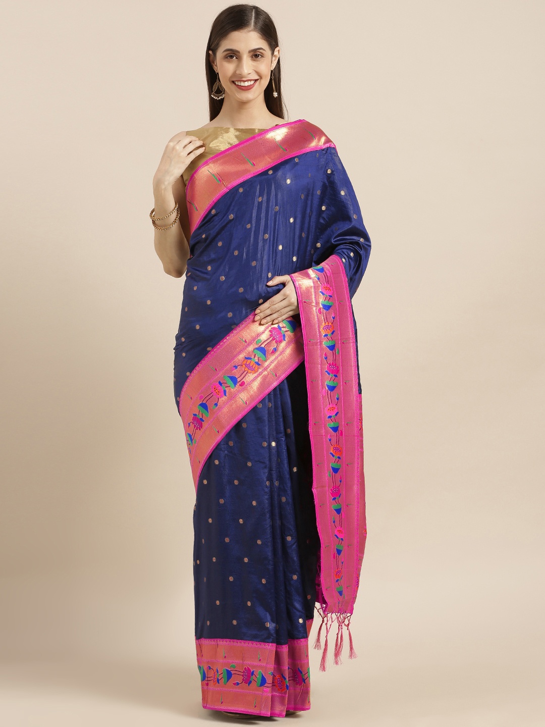 

Varkala Silk Sarees Navy Blue & Pink Silk Blend Woven Design Paithani Saree
