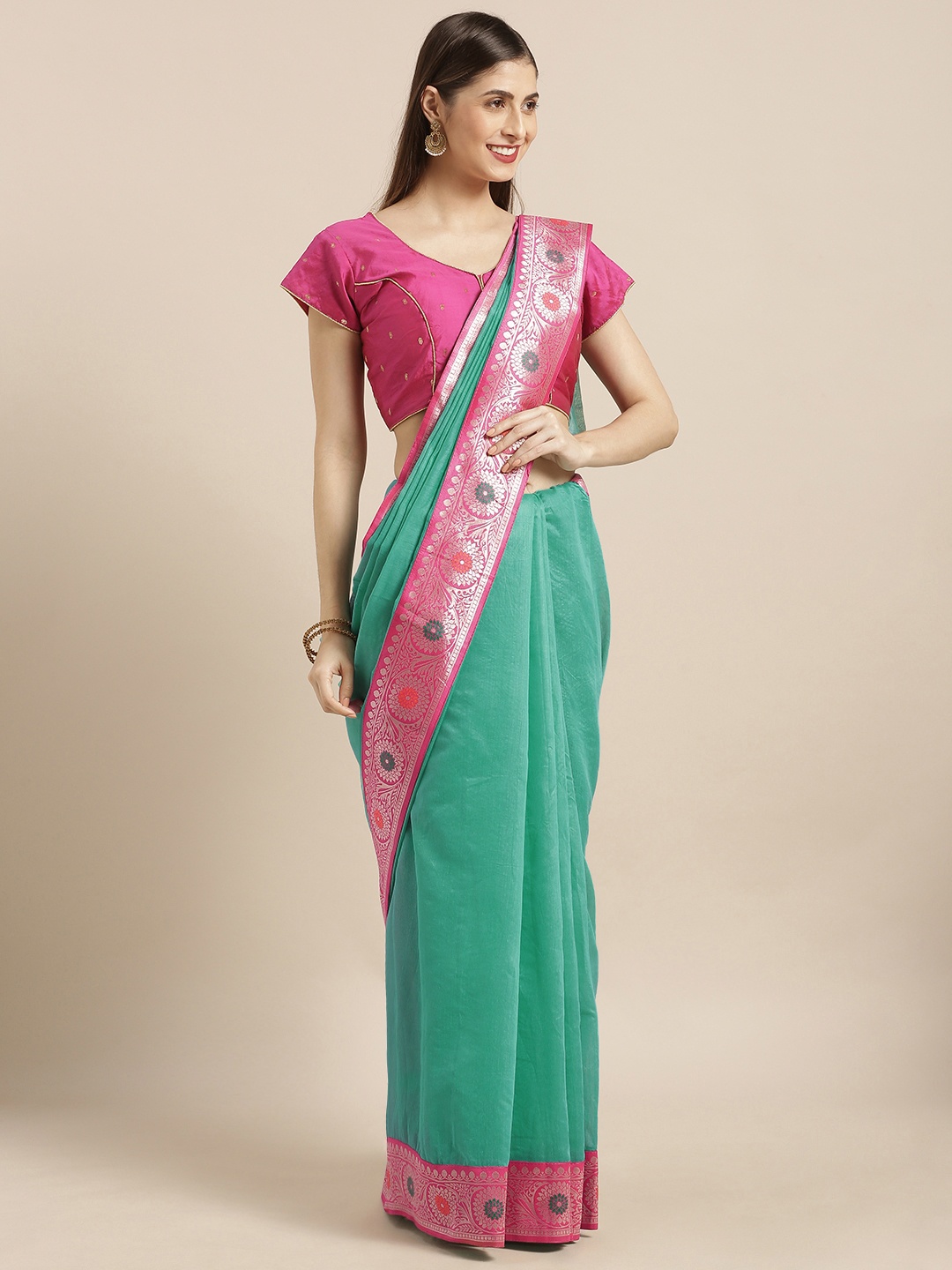 

Varkala Silk Sarees Teal Green Cotton Blend Solid Banarasi Saree