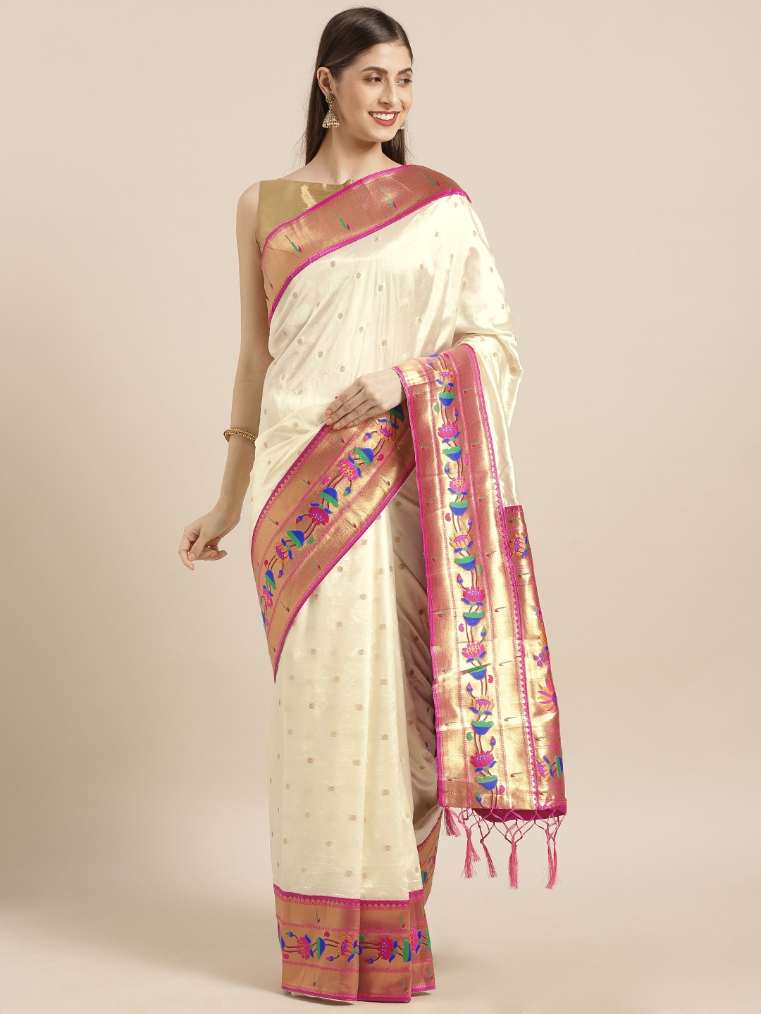 

Varkala Silk Sarees Cream-Coloured Silk Blend Woven Design Paithani Saree