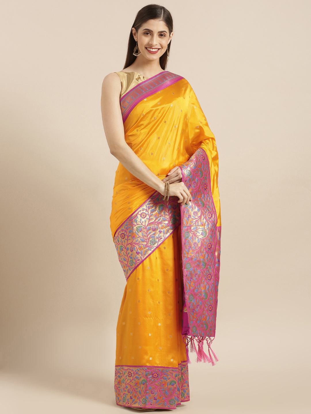 

Varkala Silk Sarees Yellow & Pink Silk Blend Woven Design Paithani Saree