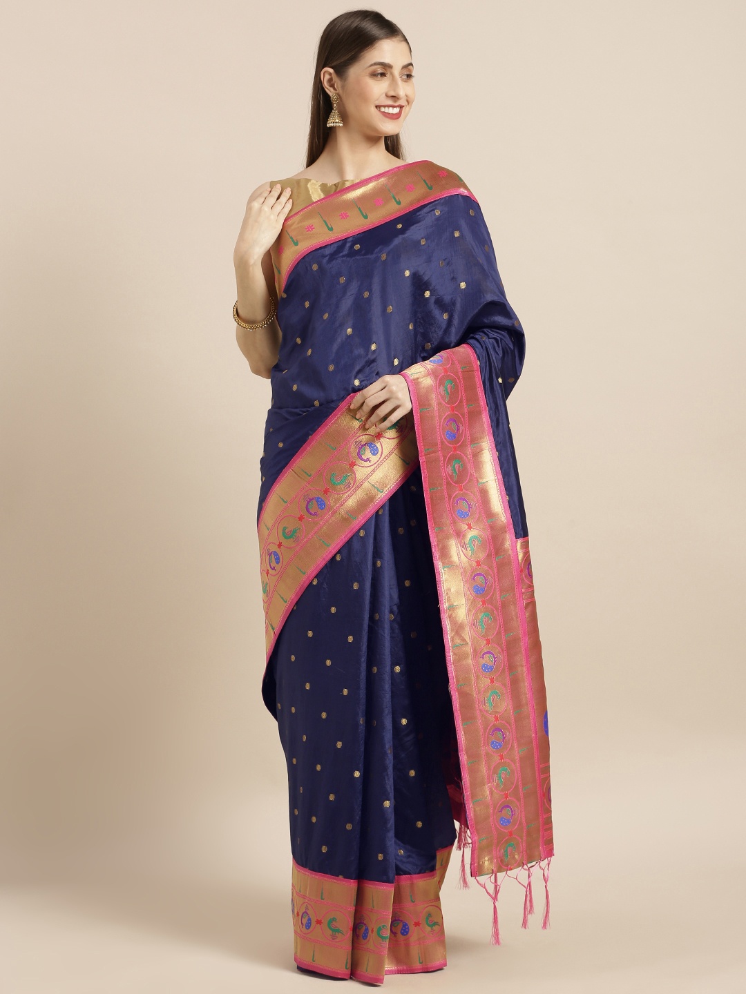 

Varkala Silk Sarees Navy Blue Silk Blend Woven Design Paithani Saree
