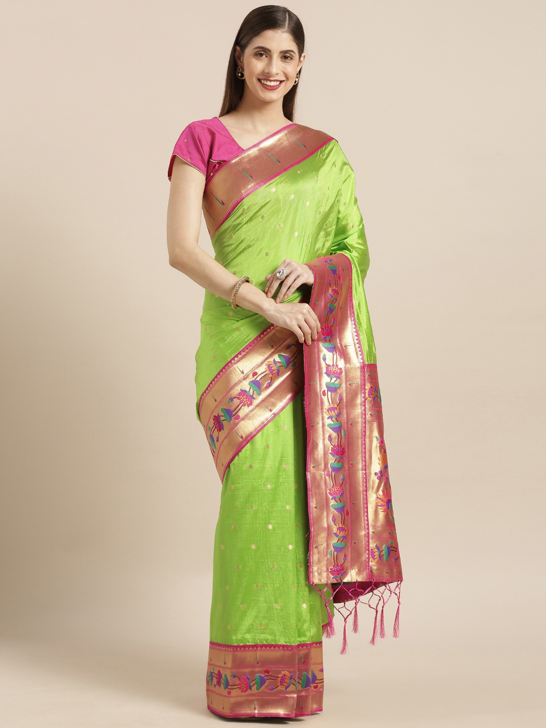 

Varkala Silk Sarees Green & Pink Silk Blend Woven Design Paithani Saree