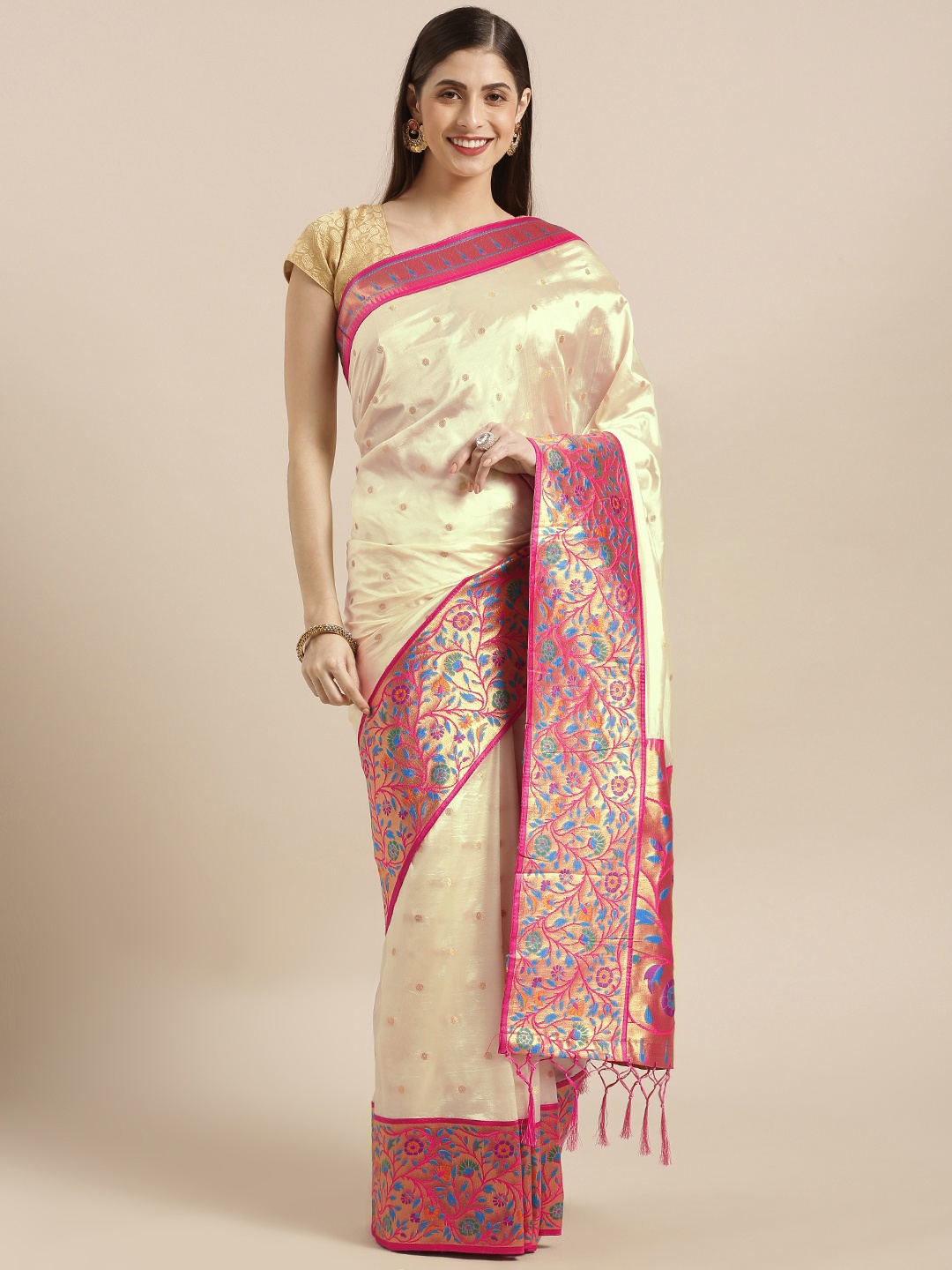 

Varkala Silk Sarees Cream-Coloured & Pink Silk Blend Woven Design Paithani Saree