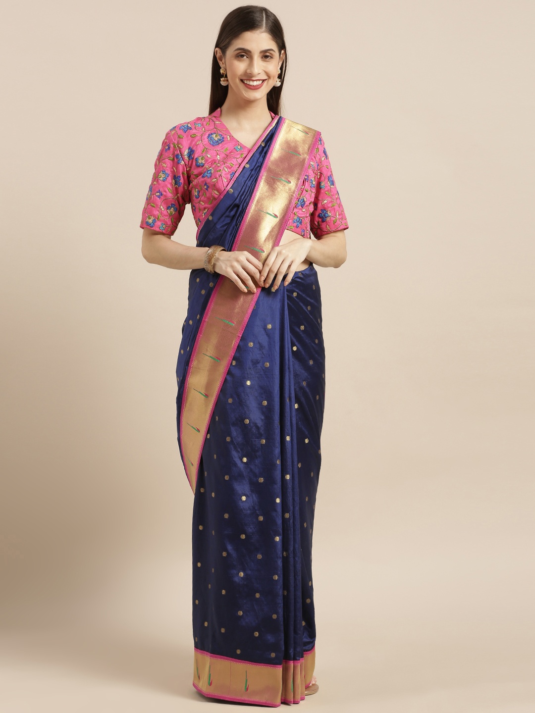 

Varkala Silk Sarees Navy Blue & Pink Silk Blend Woven Design Paithani Saree
