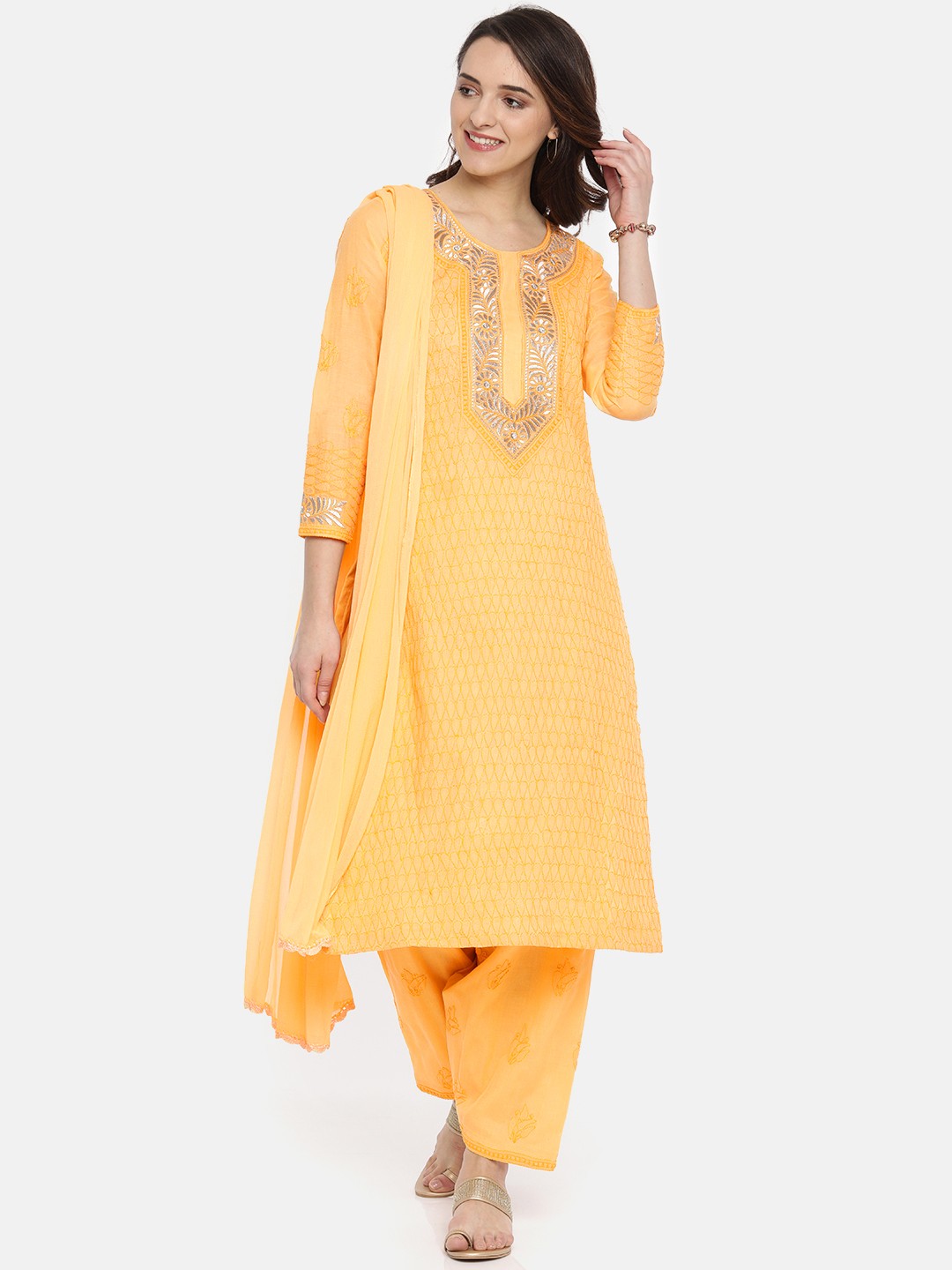 

ADA Yellow Pure Cotton Embroidered Chikankari Unstitched Sustainable Dress Material