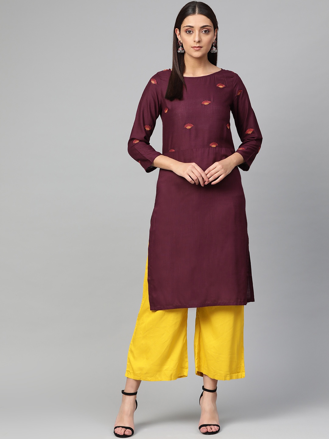 

Jompers Women Burgundy Yoke Design Straight Kurta