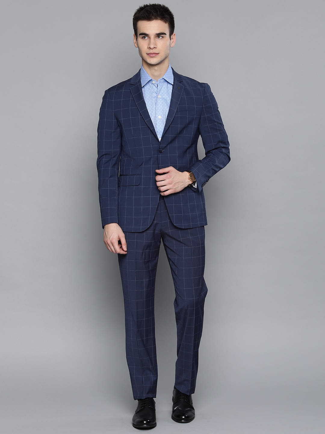 

Louis Philippe Men Navy Blue Checked Slim Fit Single-Breasted Formal Suit