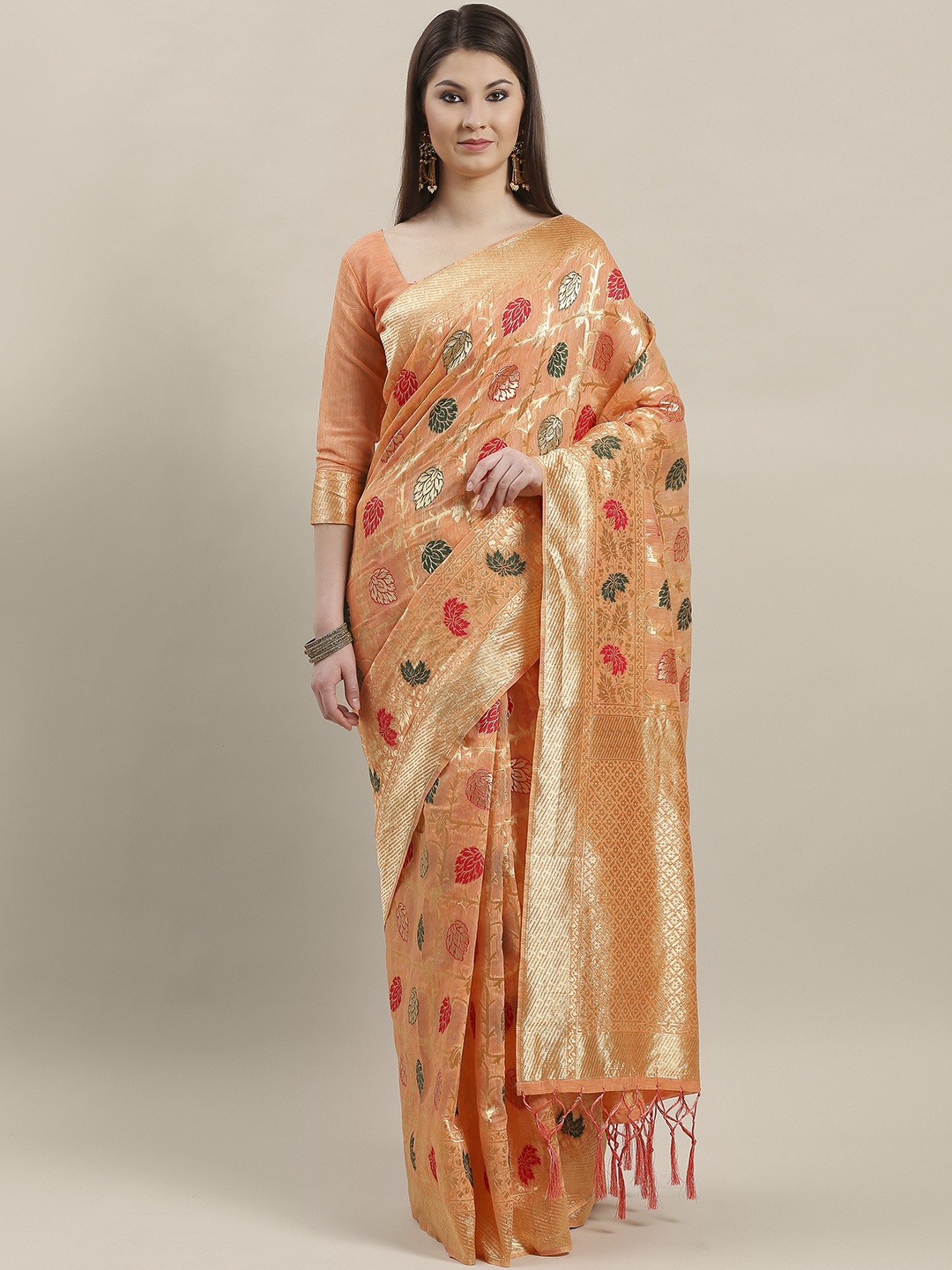 

Saree mall Peach-Coloured & Golden Woven Design Saree