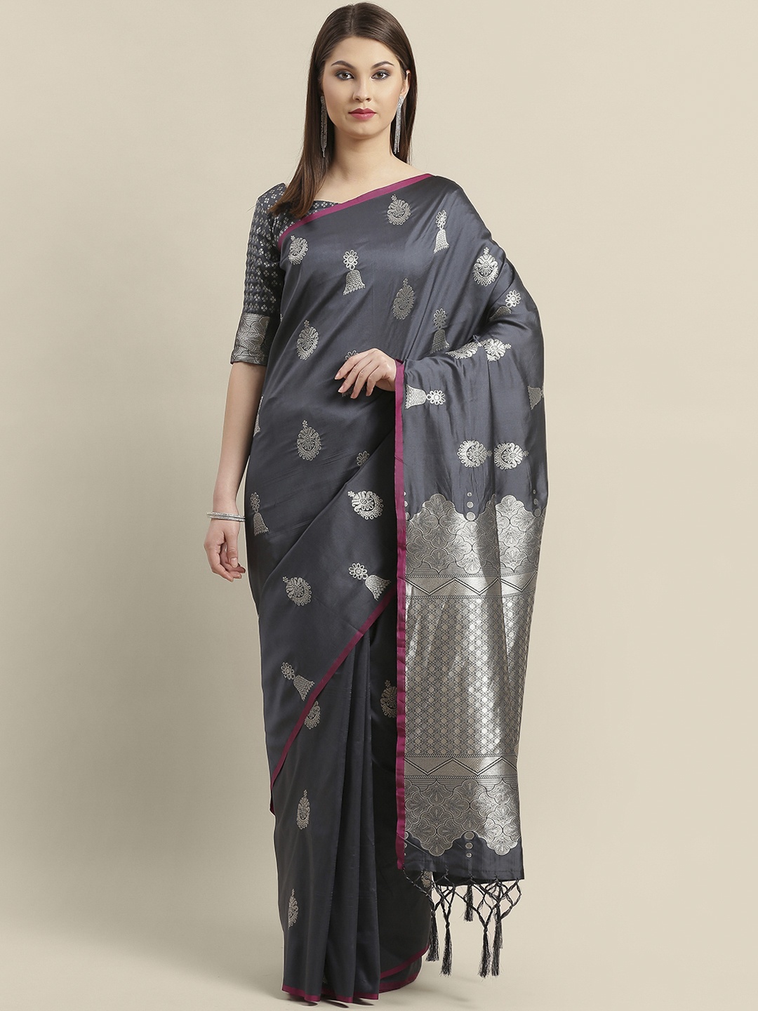 

Saree mall Charcoal Grey & Silver Woven Design Banarasi Saree