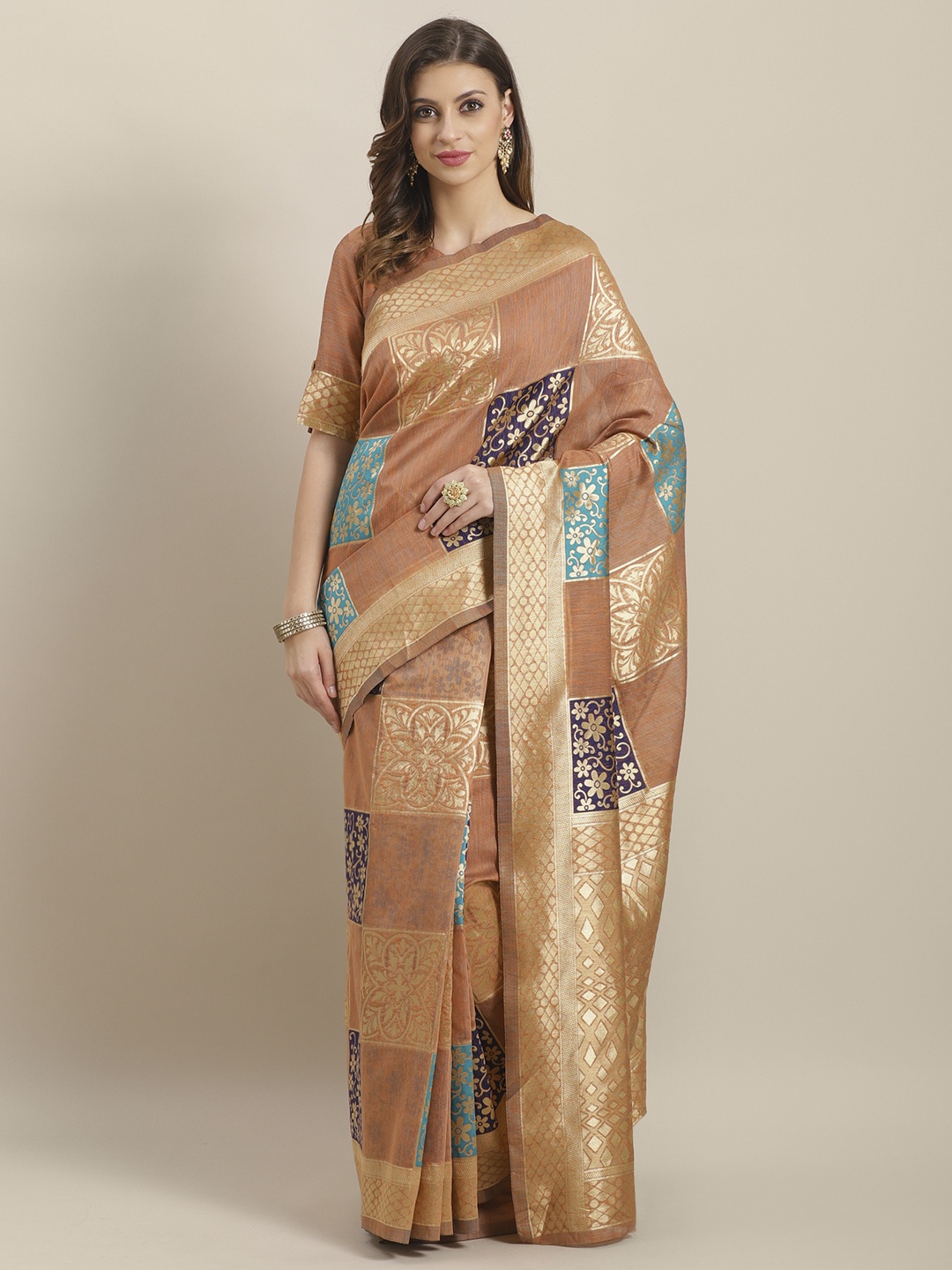 

Saree mall Peach-Coloured & Golden Woven Design Saree