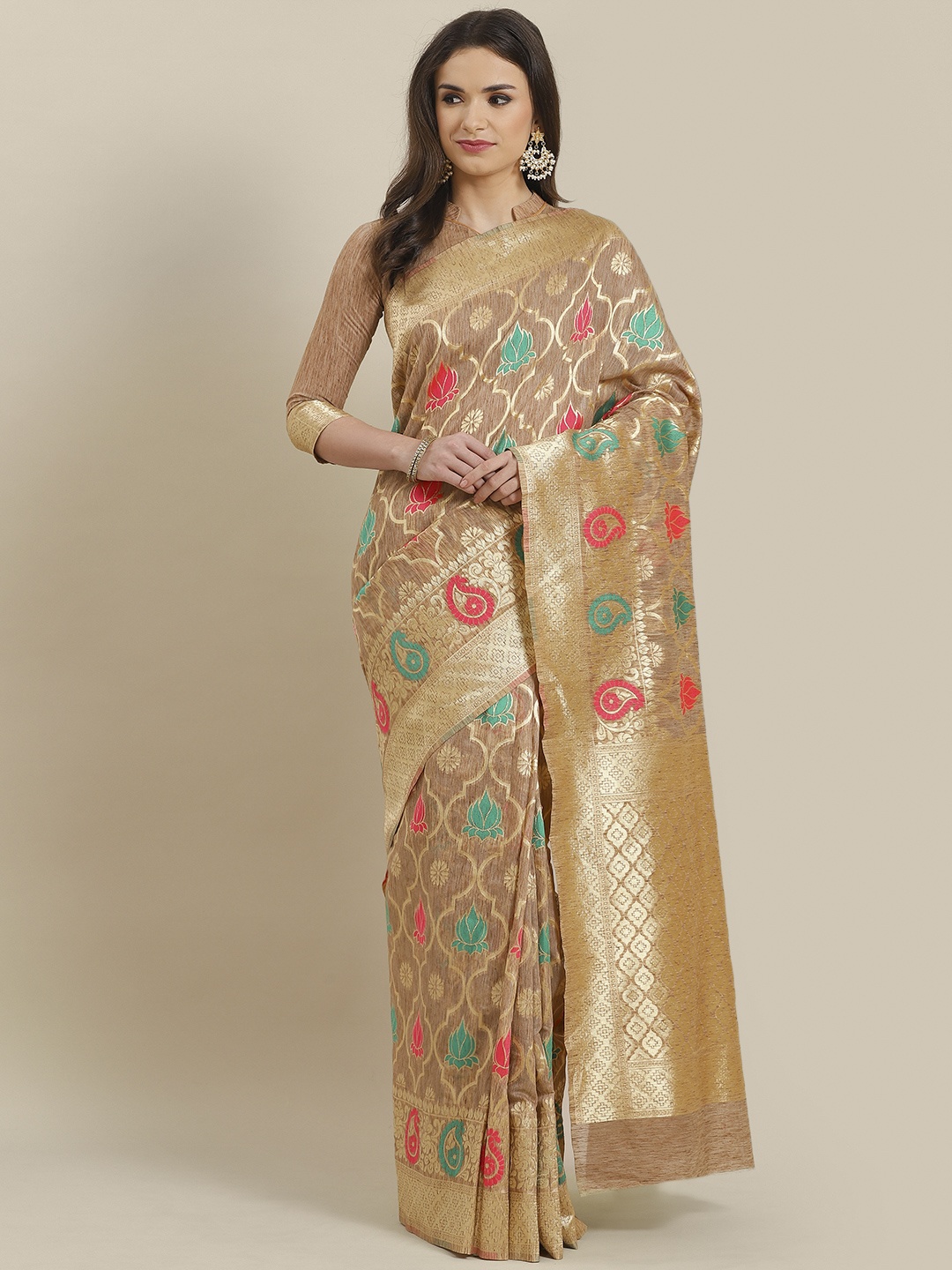 

Saree mall Beige & Golden Woven Design Saree