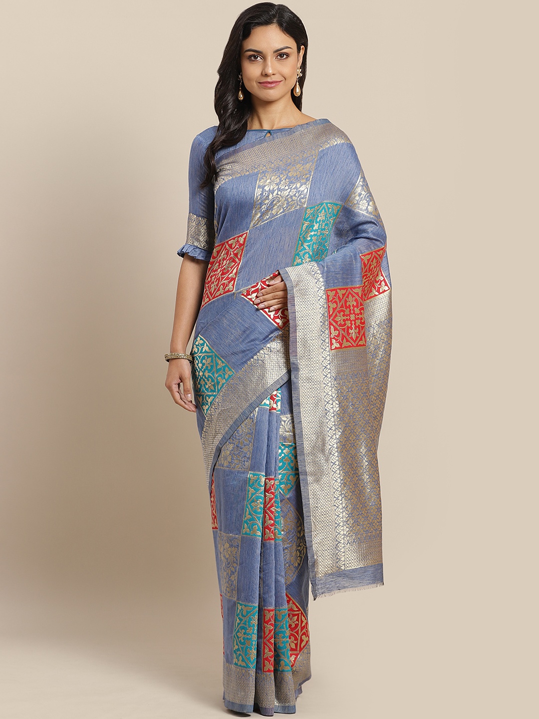 

Saree mall Blue & Golden Self Checked Saree